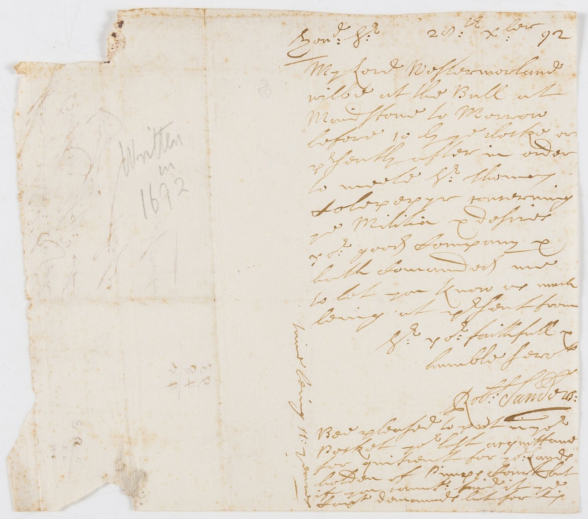 Letters.- Sanders (Robert) Autograph Letter signed to Raleigh Birskin, "My Lord Westmorland will …