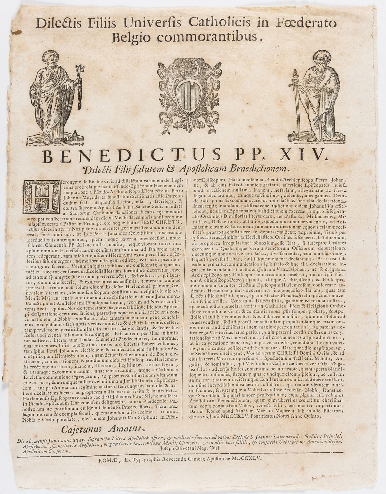 Broadside Papal Bull.- Dilectis Filiis Universis Catholicis in Fœderato Belgio commorantibus, …