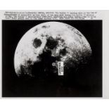 Apollo 10.- Moon view identifying the future landing site of Apollo 11 in the Sea of Tranquility, …