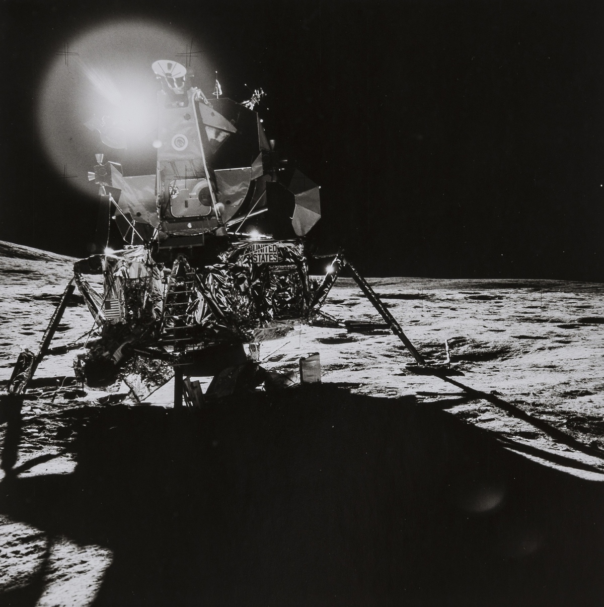 Apollo 14.- Sun flare over the Lunar Module, February 1971; and 3 views of nearby equipment, …