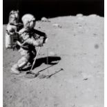 Apollo 16.- John Young and Charles Duke explore the lunar surface at Plum Crater and North Ray …