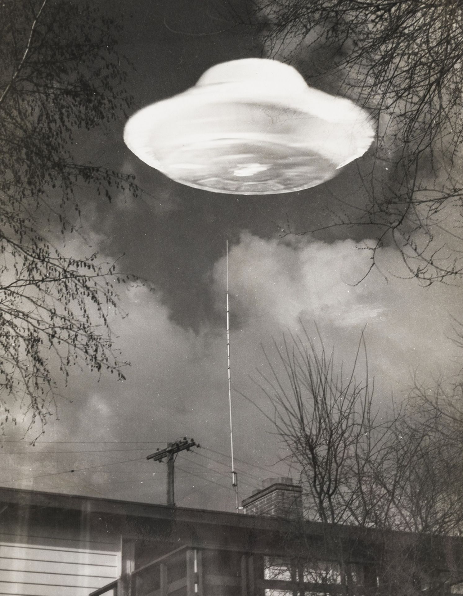 U.F.O.- A Flying Saucer, or a still from a science fiction film, c.1955, vintage gelatin silver …