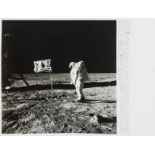 Apollo 11.- Buzz Aldrin poses beside the U.S. flag, July 20, 1969, vintage silver gelatin press …