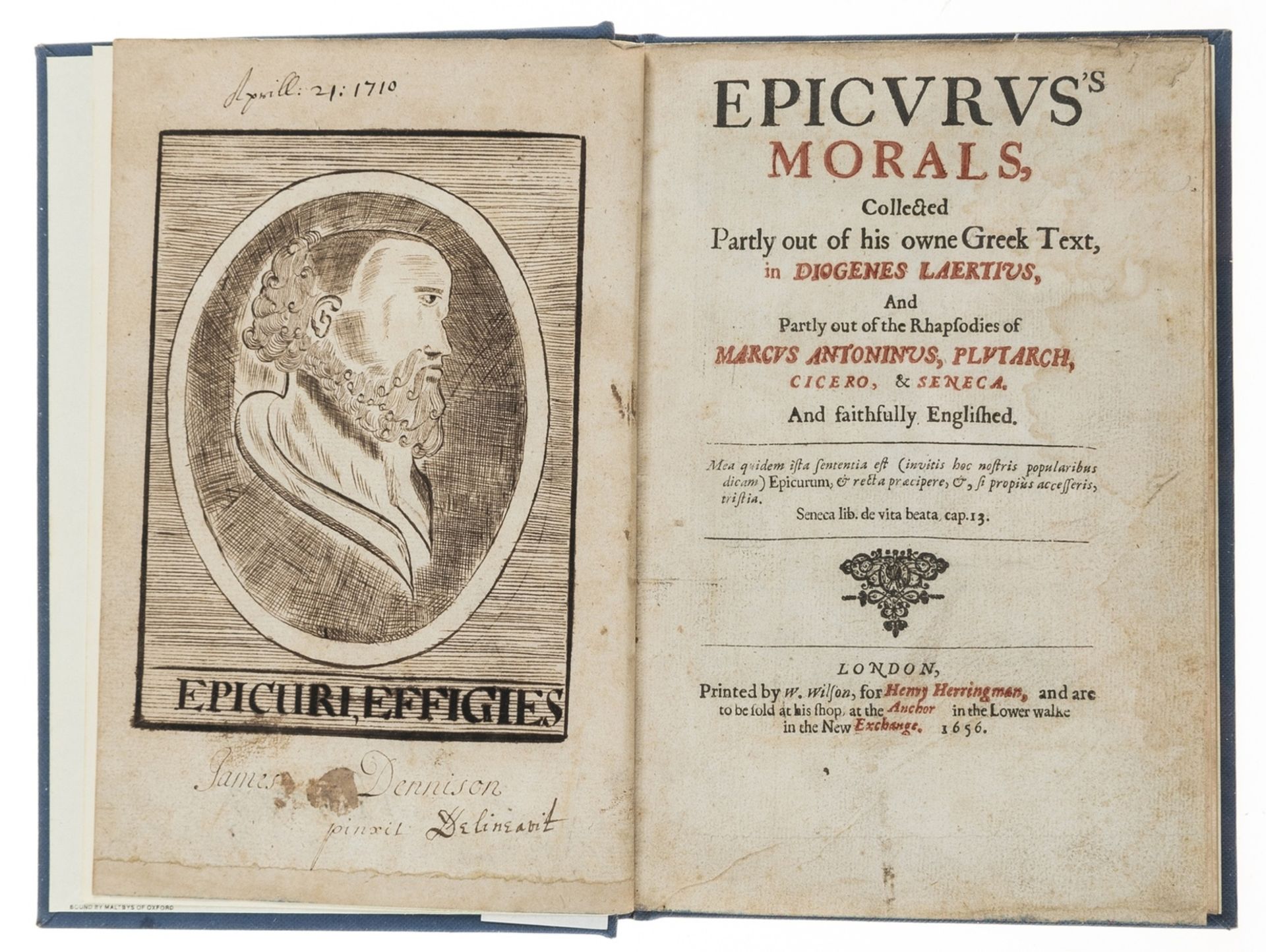 [Charleton (Walter, translator).- Epicurus. Epicvrvs's morals, collected partly out of his owne …