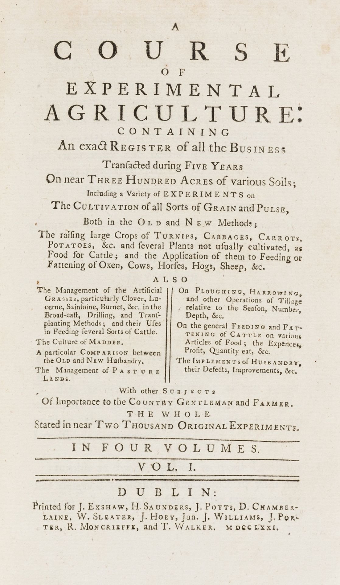 Agriculture.- Young (Arthur) A Course of Experimental Agriculture, 4 vol., first Dublin edition, …