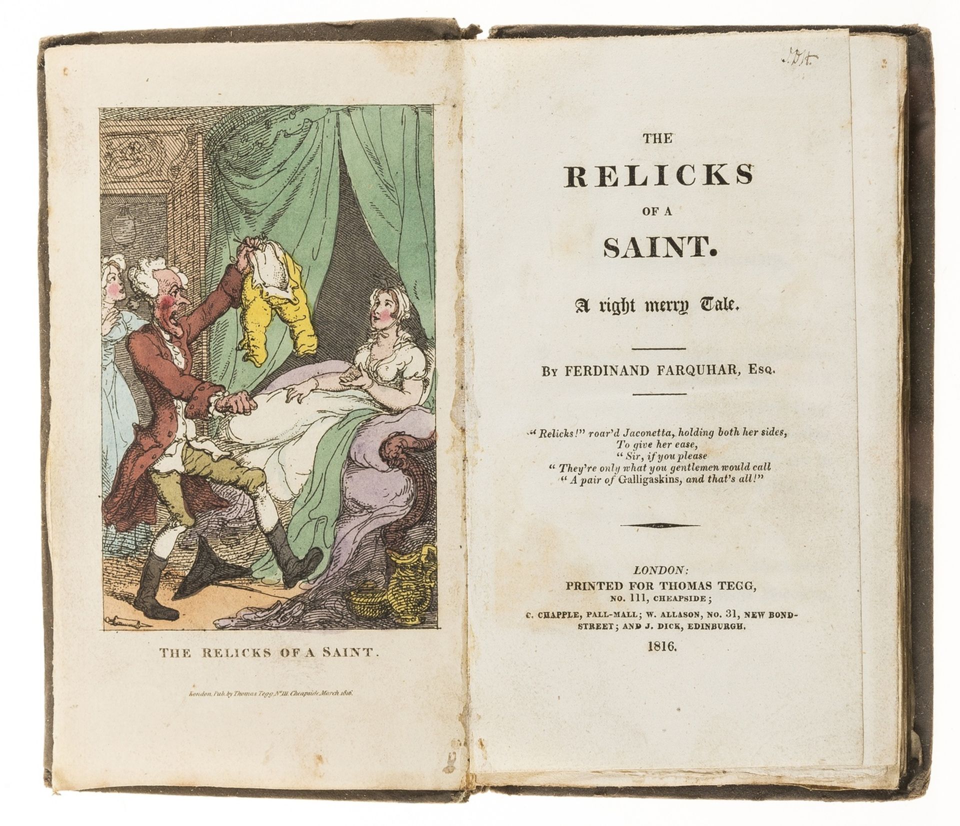 Farquhar (Ferdinand) The Relicks of a Saint, first edition, hand-coloured etched frontispiece by …