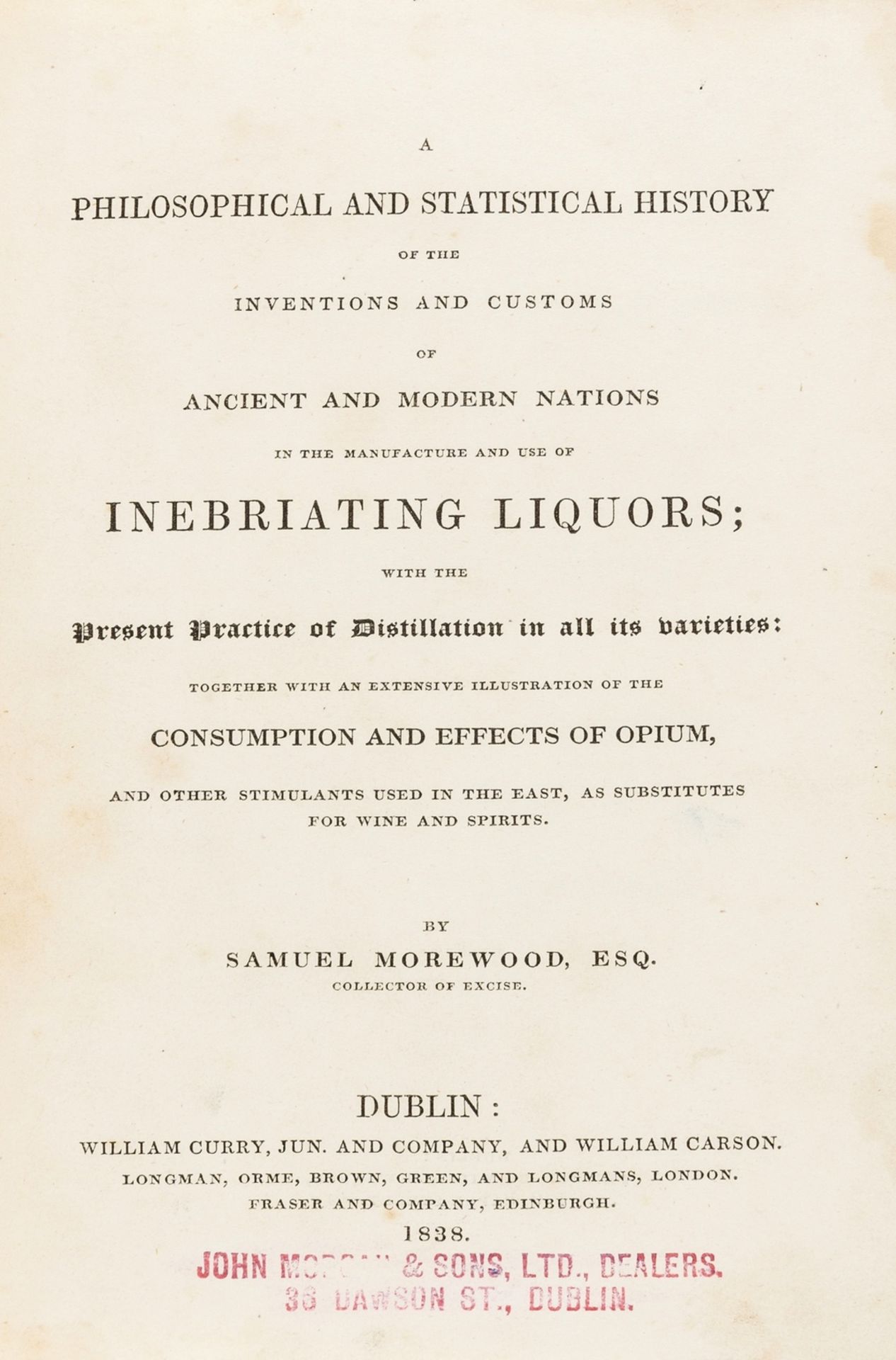 Food & Drink.- Morewood (Samuel) A Philosophical and Statistical History of the Inventions and …