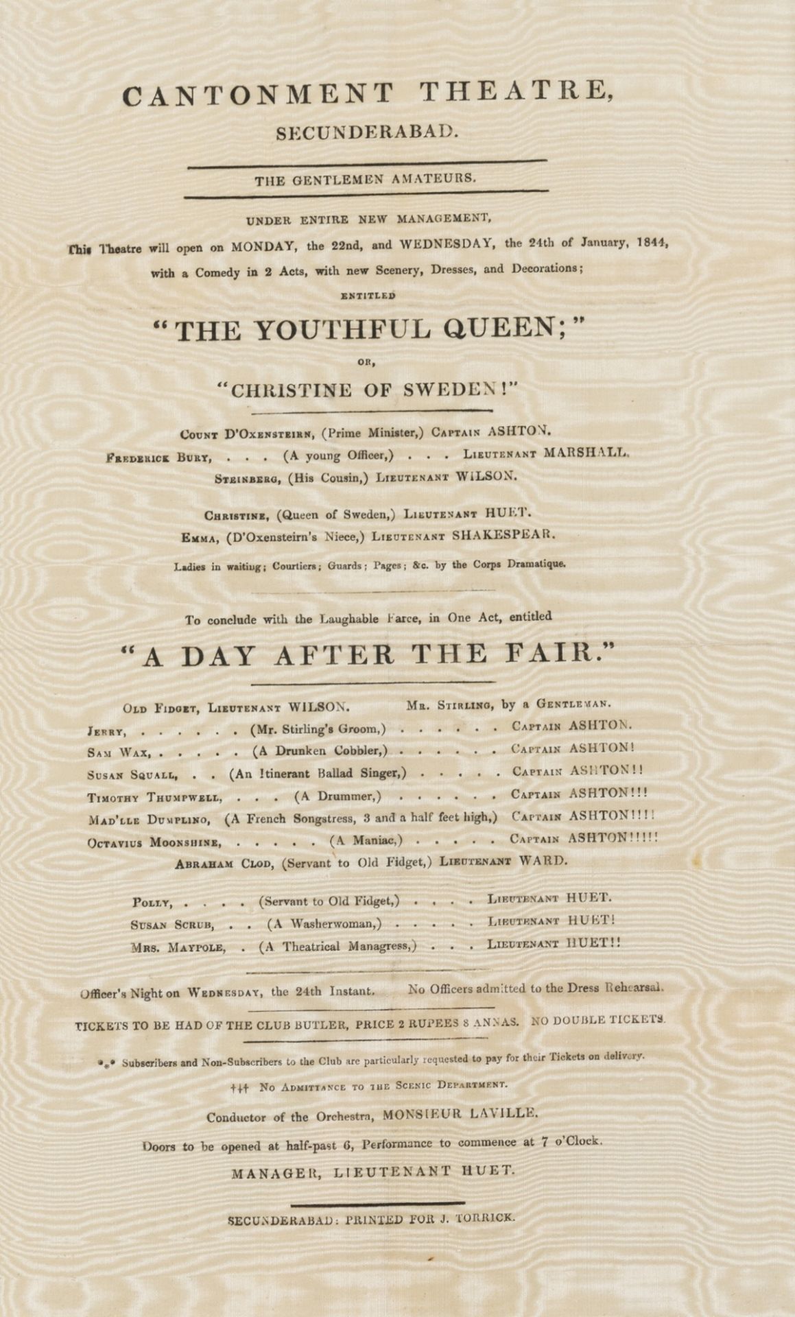 Theatre in India.- British India Army.- Playbill for Cantonment Theatre, Secunderabad, India, 1844.