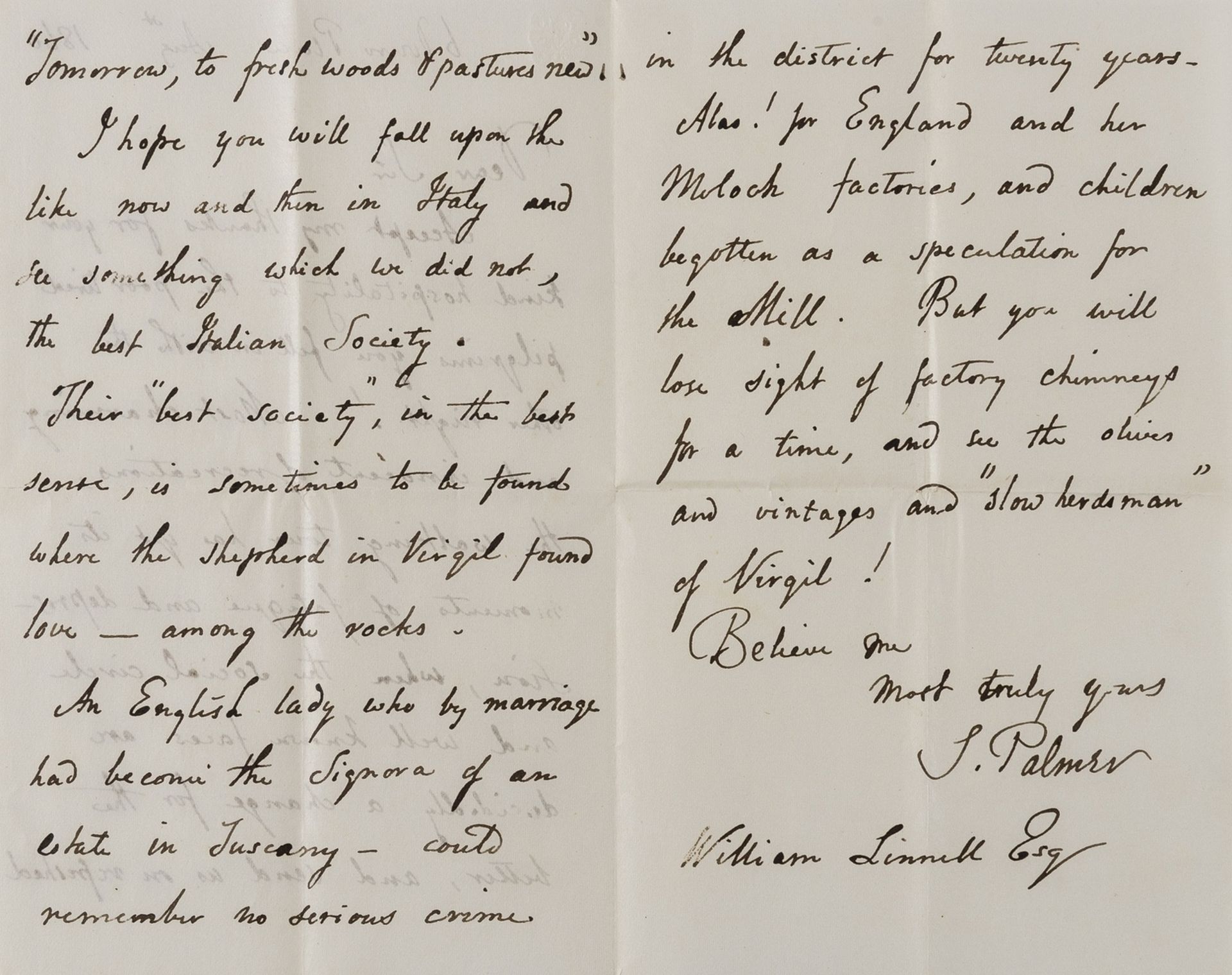 Palmer (Samuel) 5 Autograph Letters signed, four to John Linnell jnr. and one to William Linnell, …