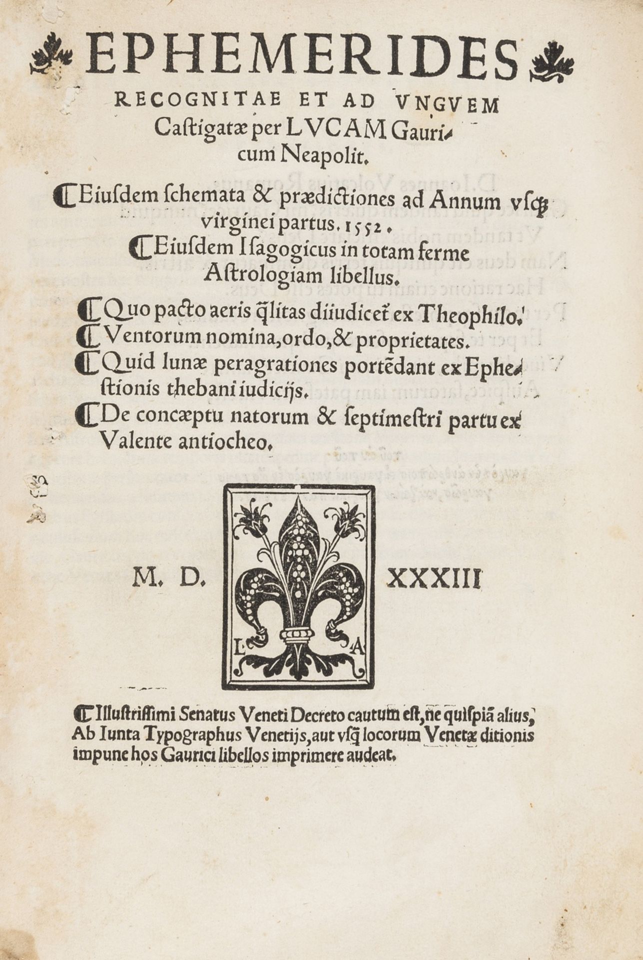 Astrology & Astronomy.- Astrologer to Catherine de' Medici.- Gauricus (Lucas) Ephemerides …