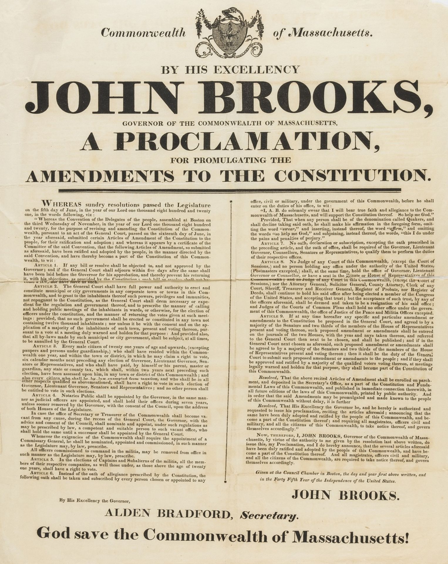 America.- Massachusetts.- Commonwealth of Massachusetts. By His Excellency John Brooks ... A …