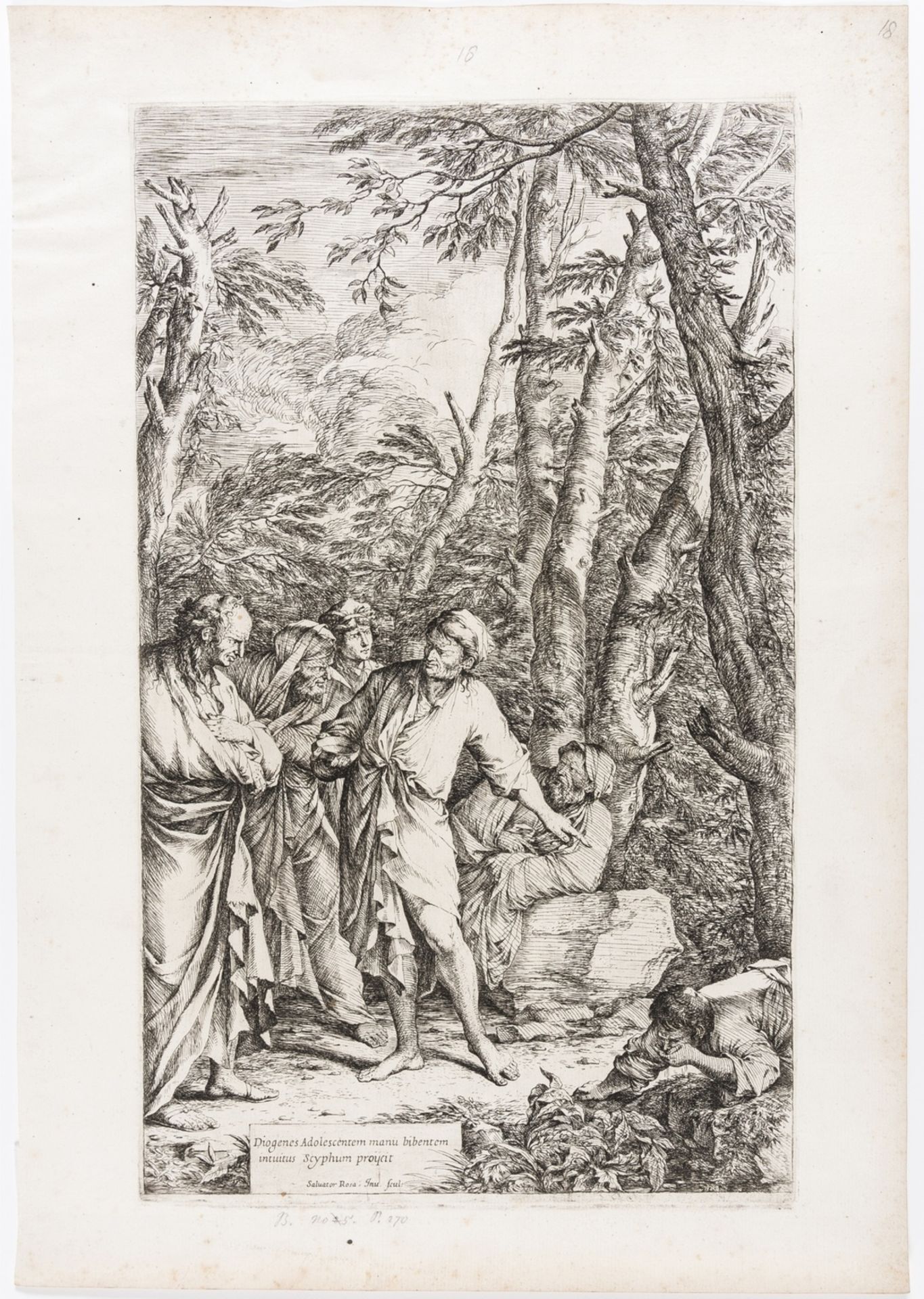 Old Master Print from Chatsworth.- Salvator Rosa (1615-1673) Diogenes casting away his bowl