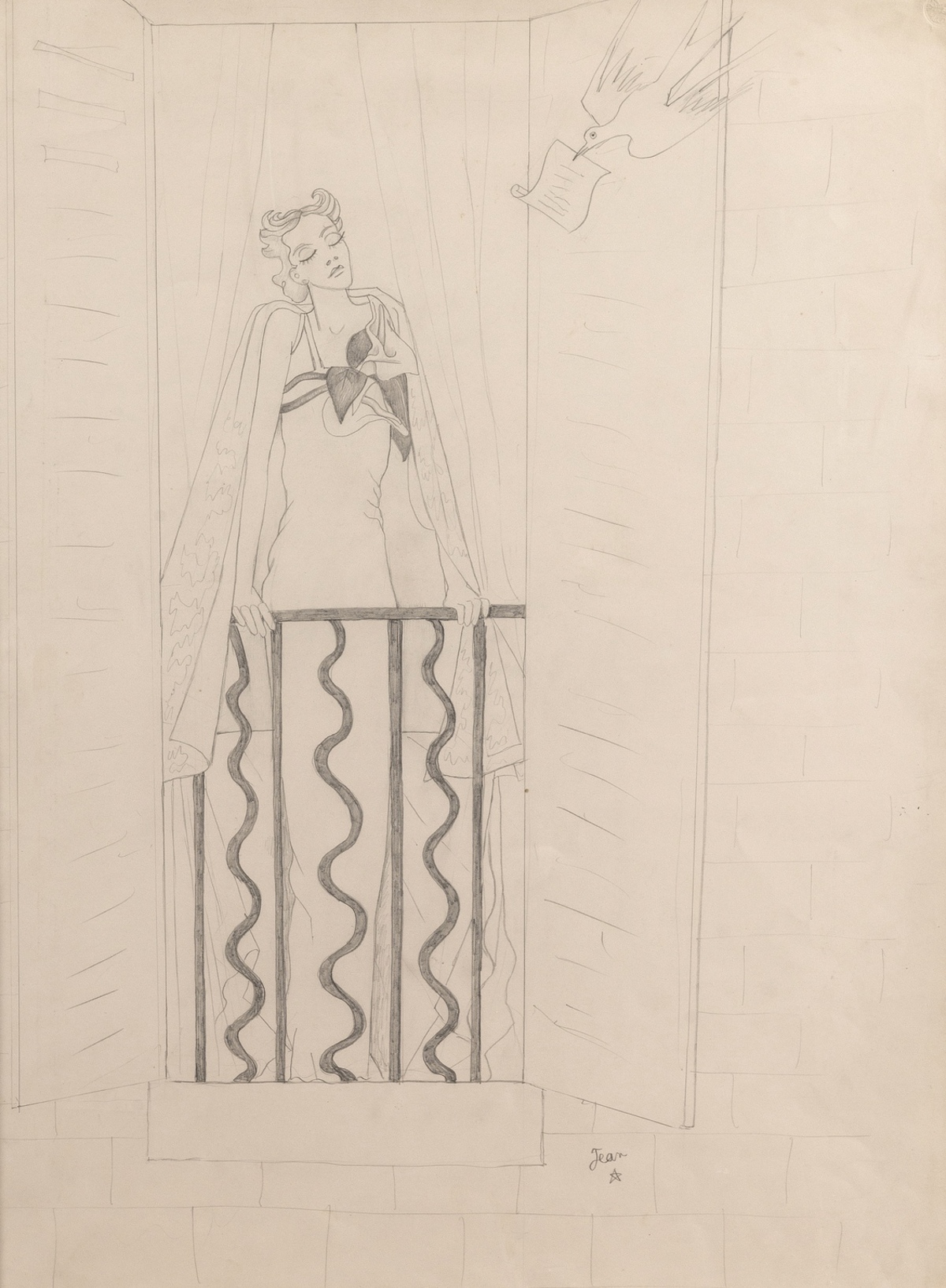 Jean Cocteau (1889-1963) Elegante a sa Fenêtre et Oiseau Messager