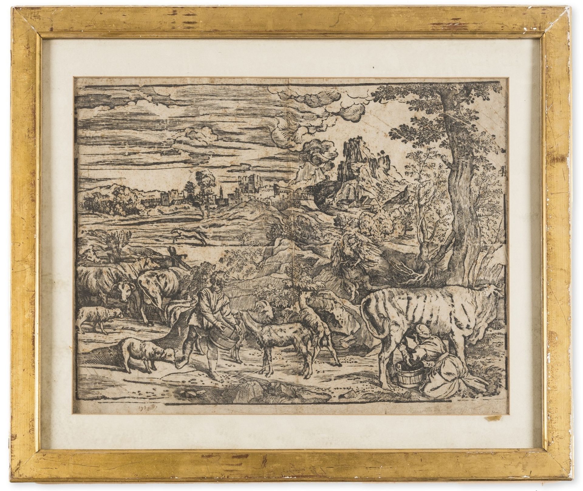 Nicolò Boldrini (ca. 1500-1566) Landscape with a milkmaid at right and a boy at left, after …