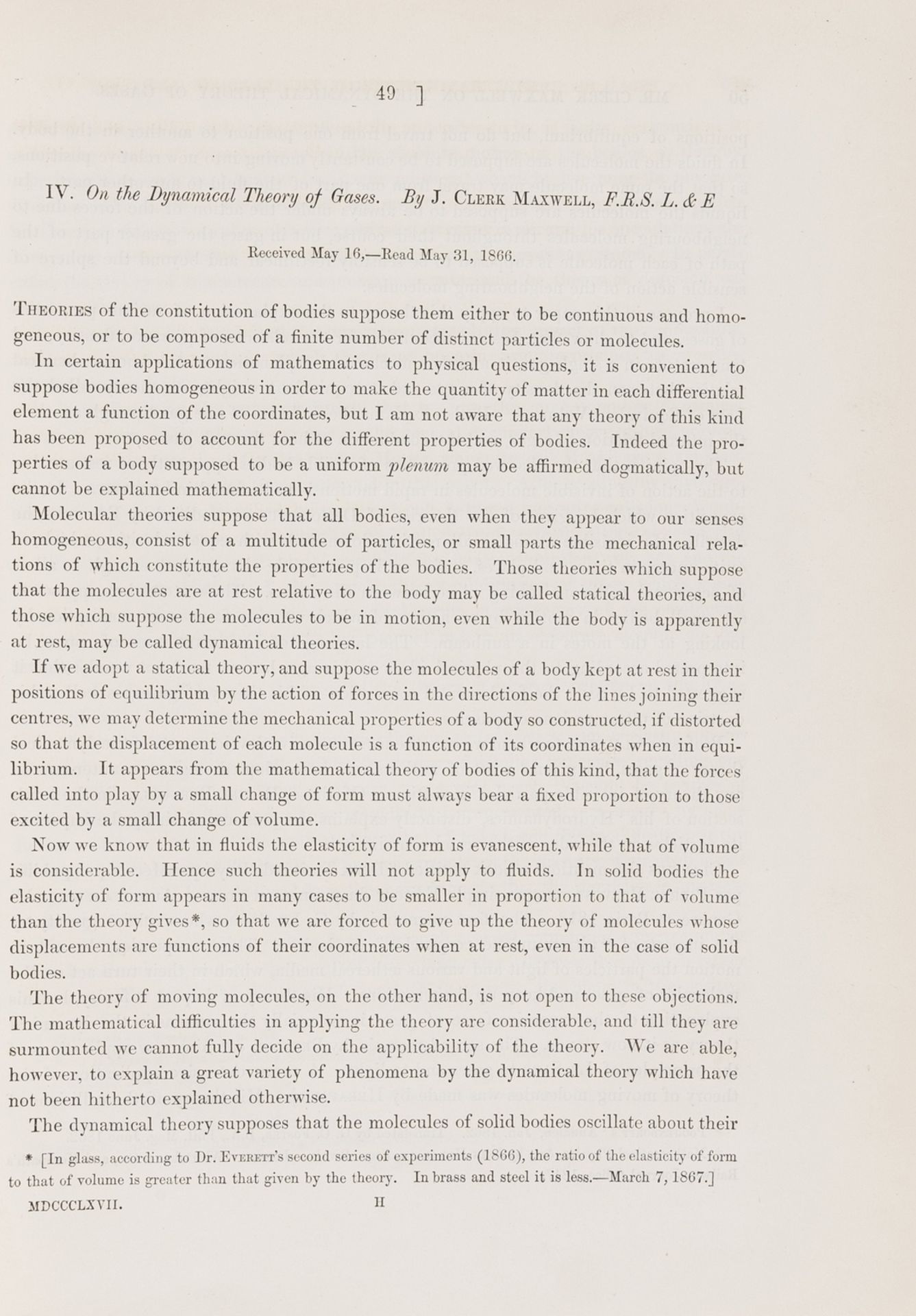 Maxwell (James Clerk) "On the Dynamical Theory of Gases", extract from Philosophical Transactions, …