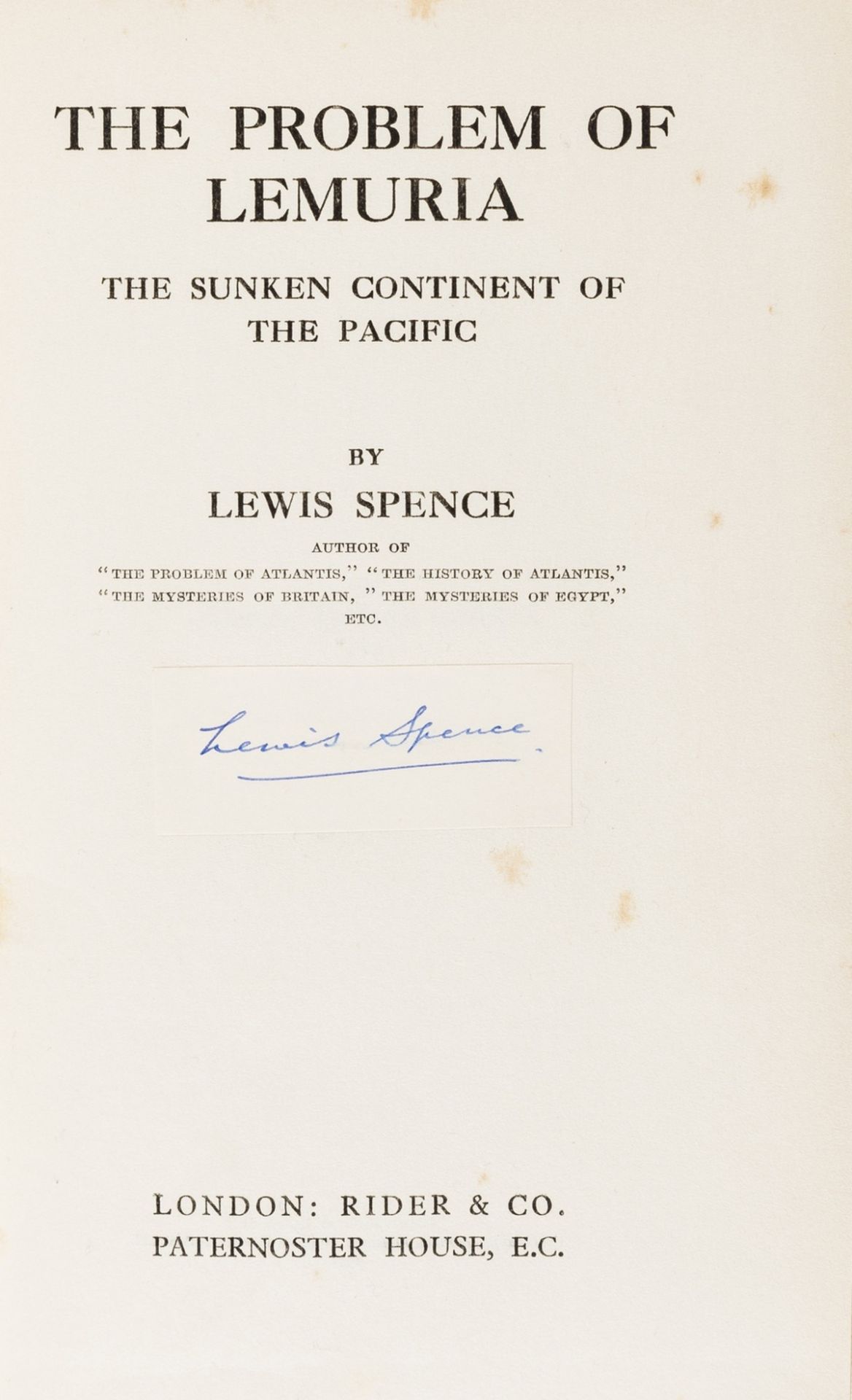 Lemuria.- Spence (Lewis) The Problem of Lemuria: The Sunken Continent of the Pacific, A.L.s from …