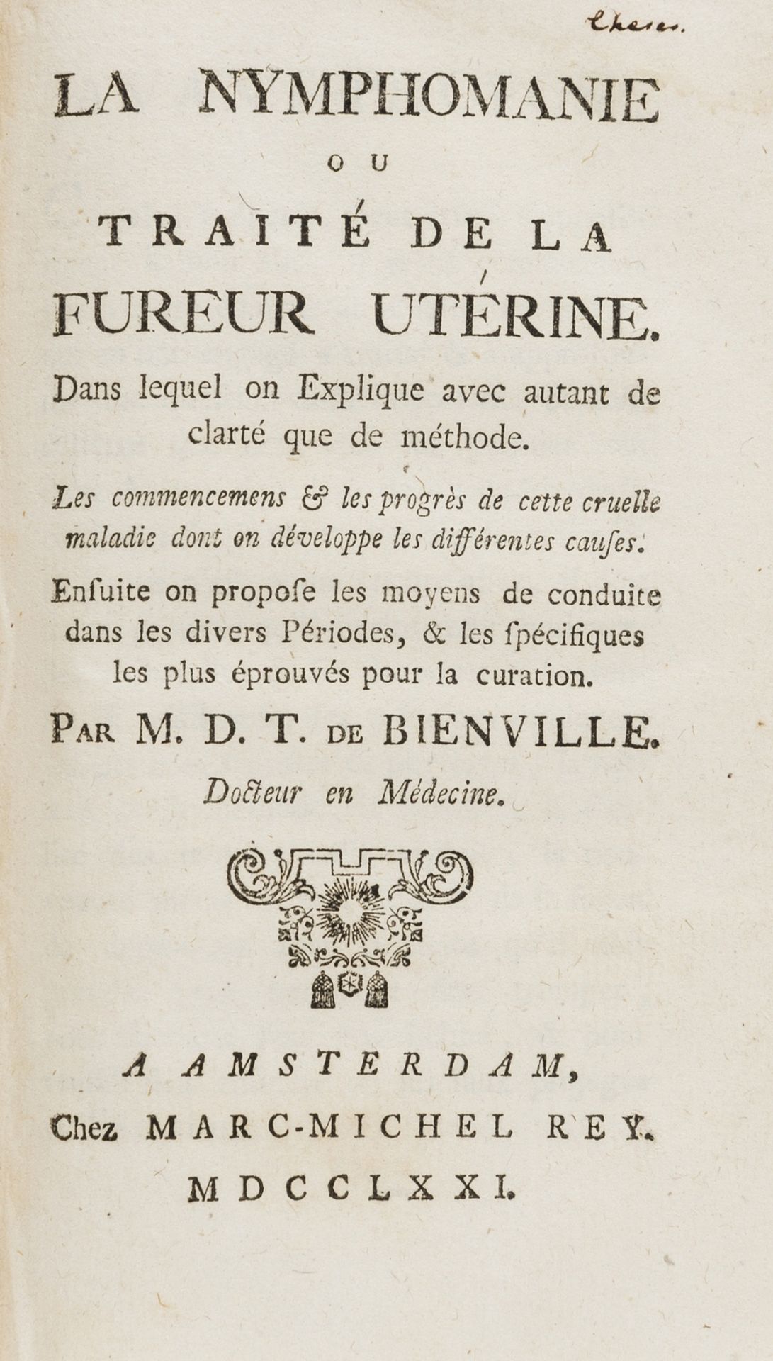 Medicine.- Bienville (J.D.T.) Nymphomanie ou Traité de la Fureur Utérine, first edition, …