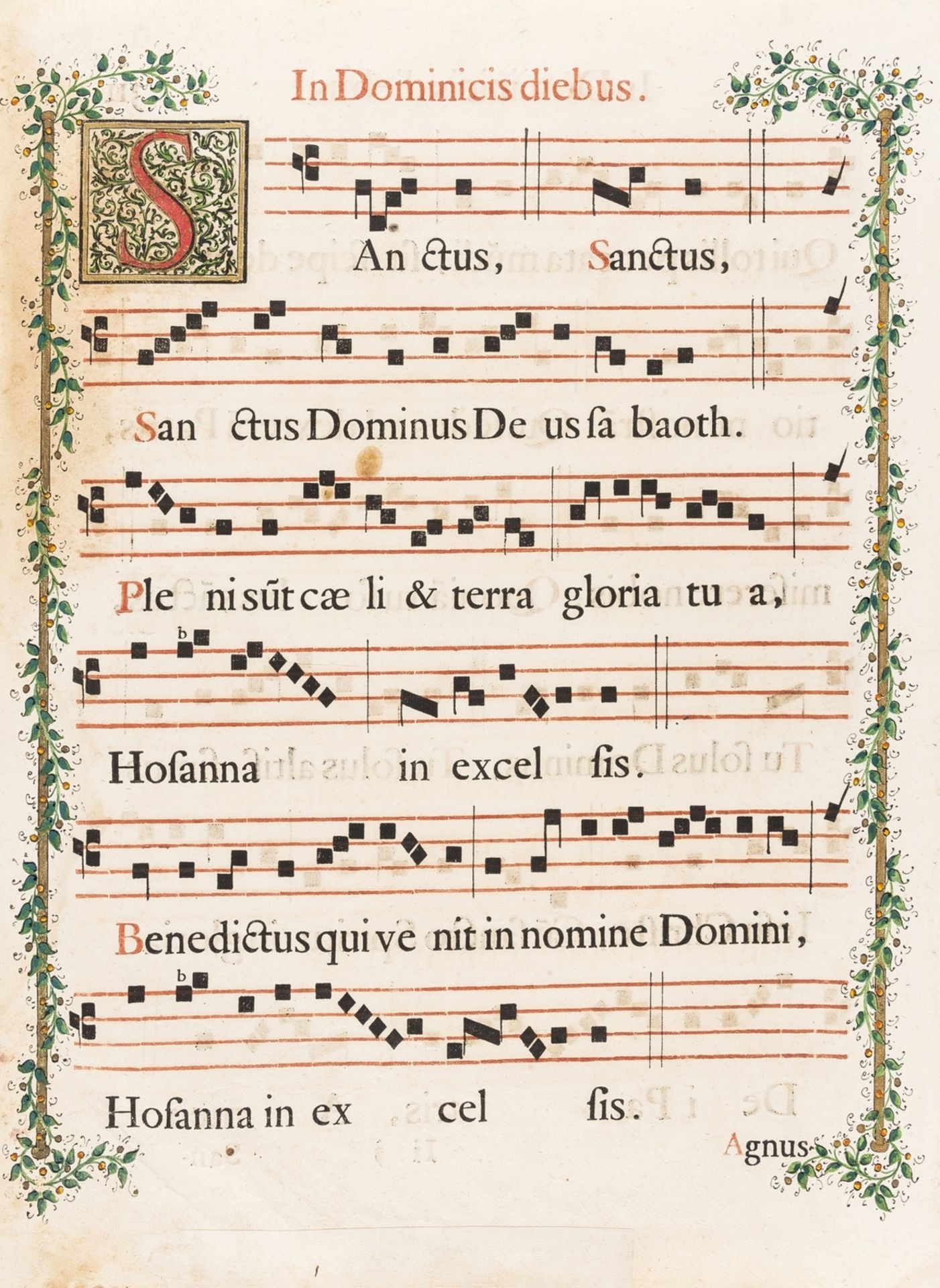 Music.- Four 18th century antiphonal folio leaves with manuscript borders, engravings with …