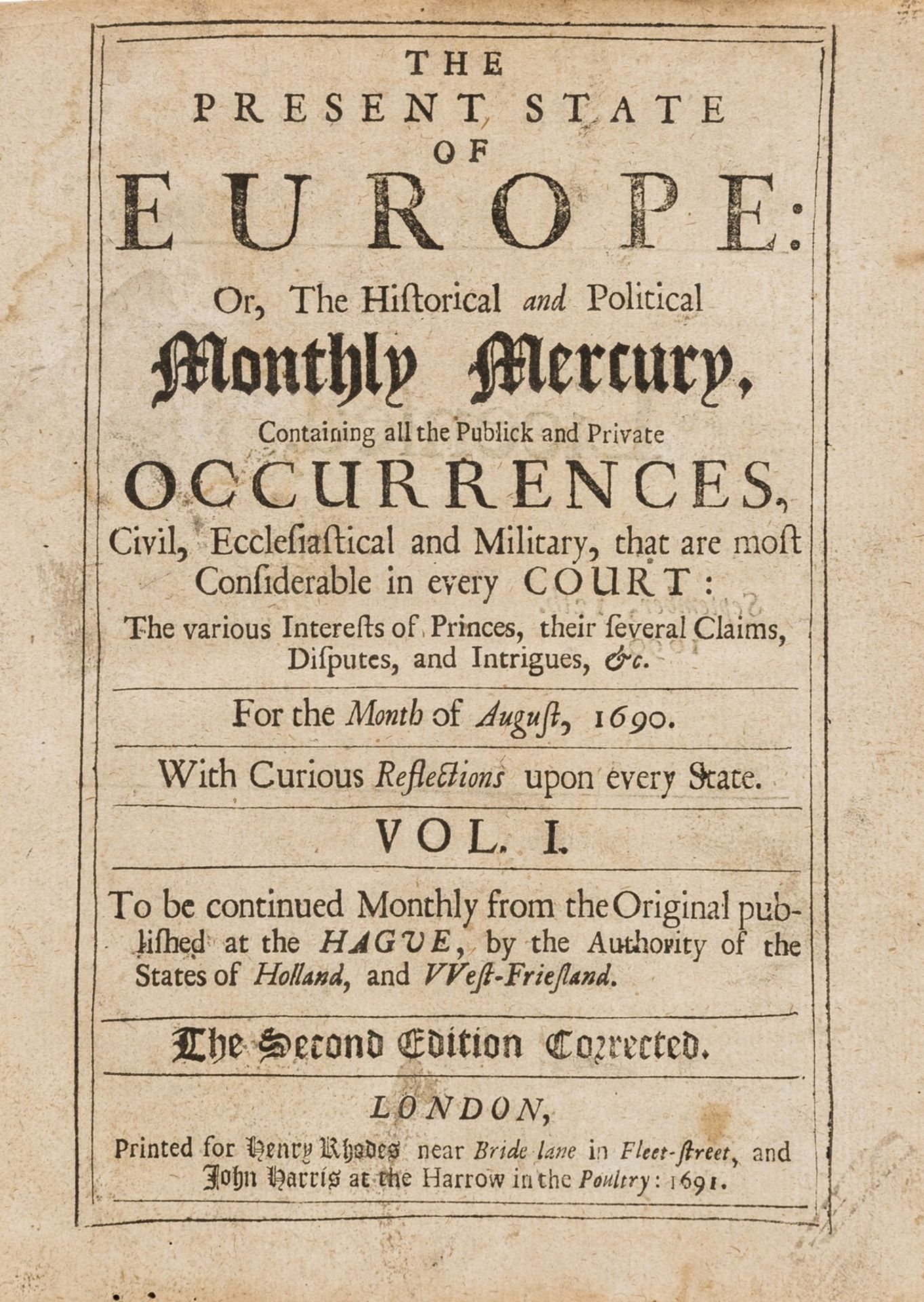 Periodical.- [The Present State of Europe: or,] The Historical adn Political Mercury, for Henry …
