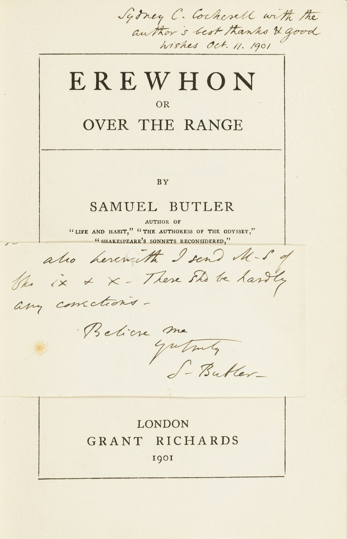 Cockerell (Sydney C.).- Butler (Samuel) Erewhon, inscribed by author to Sydney C. Cockerell, 1901.