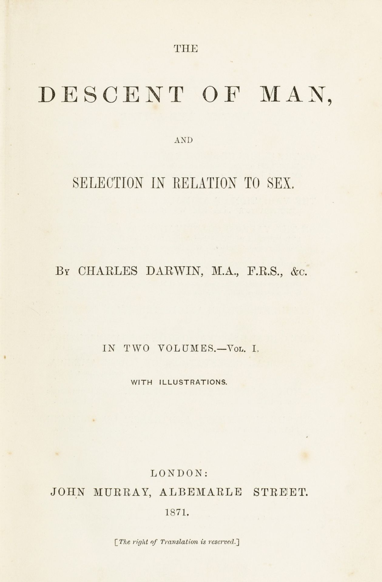 Darwin (Charles) The Descent of Man, 2 vol., first edition, second issue, 1871.
