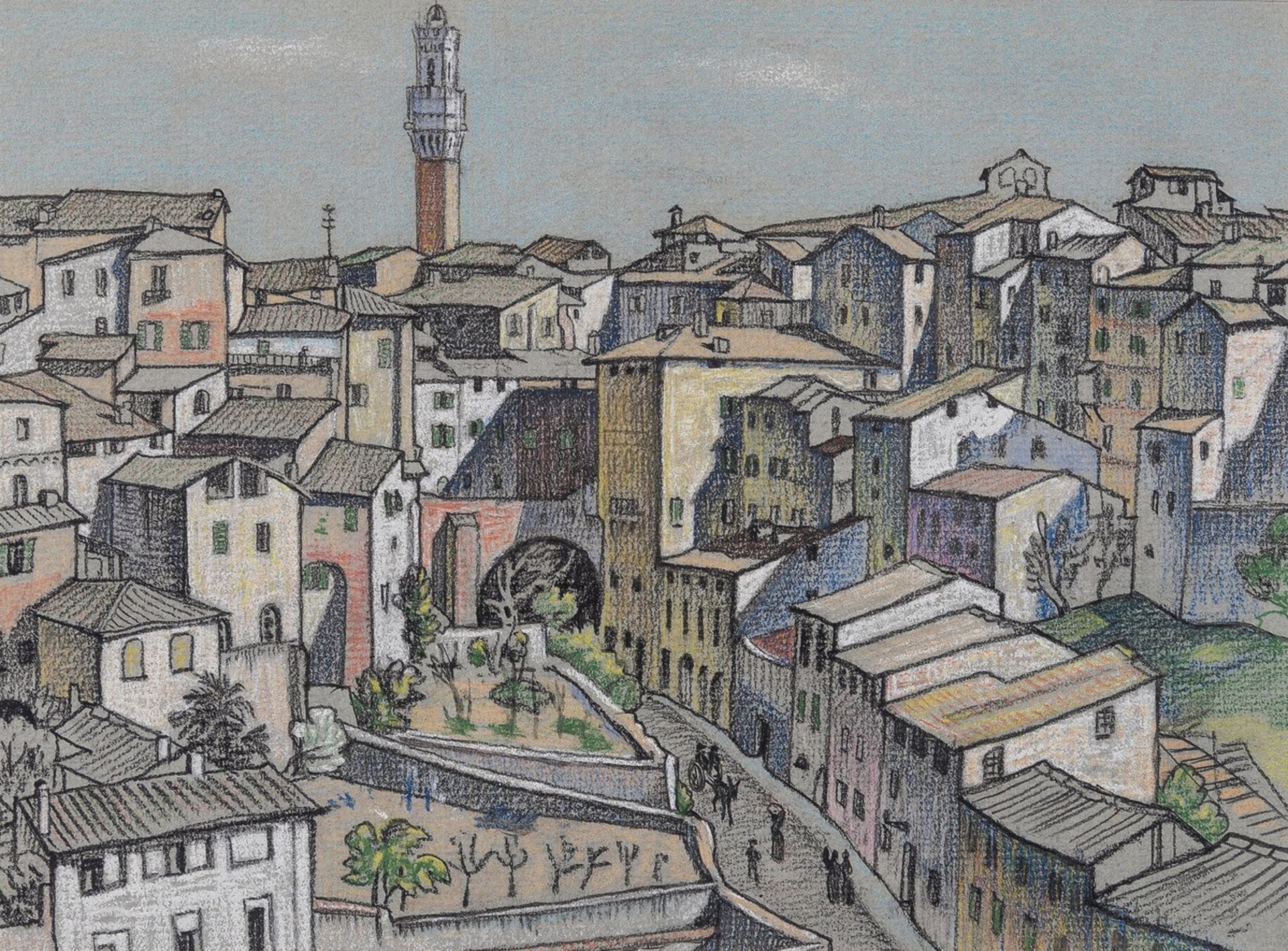 White (Ethelbert) Italian Townscape, coloured crayons, [20th century]