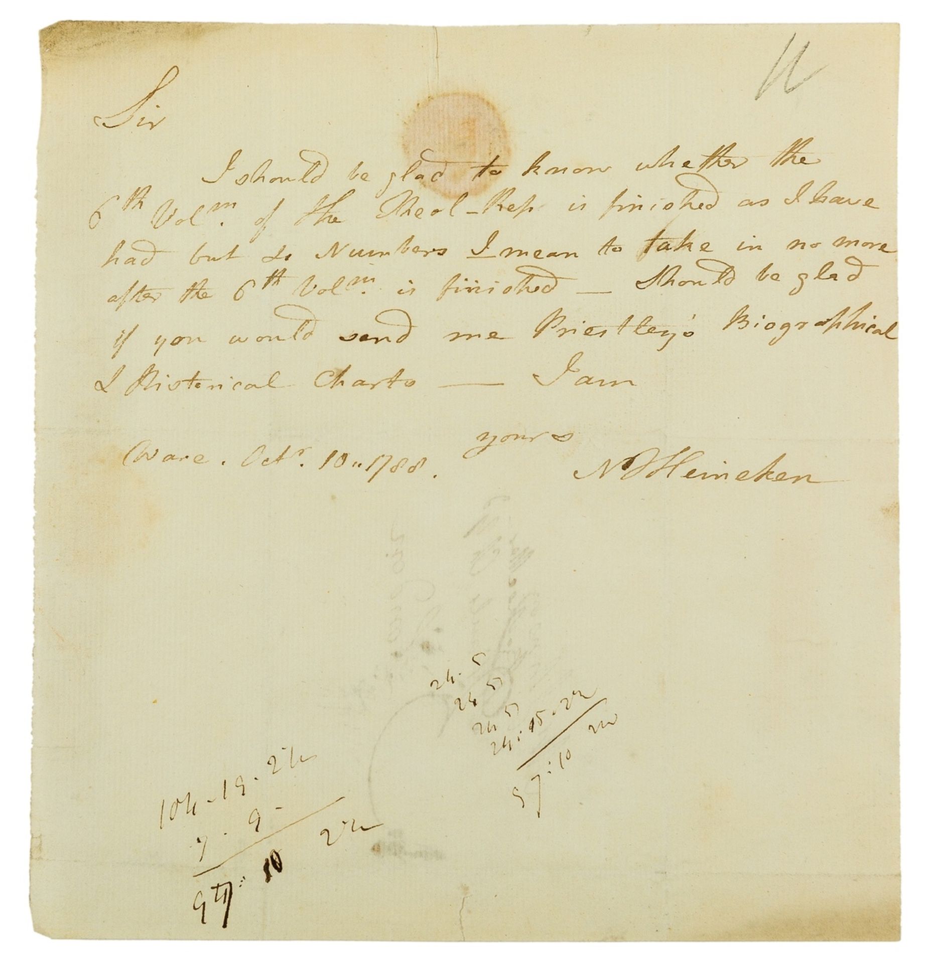 Johnson (Joseph, bookseller & publisher).- Heineken (Nicholas Thomas) Autograph Letter signed to …