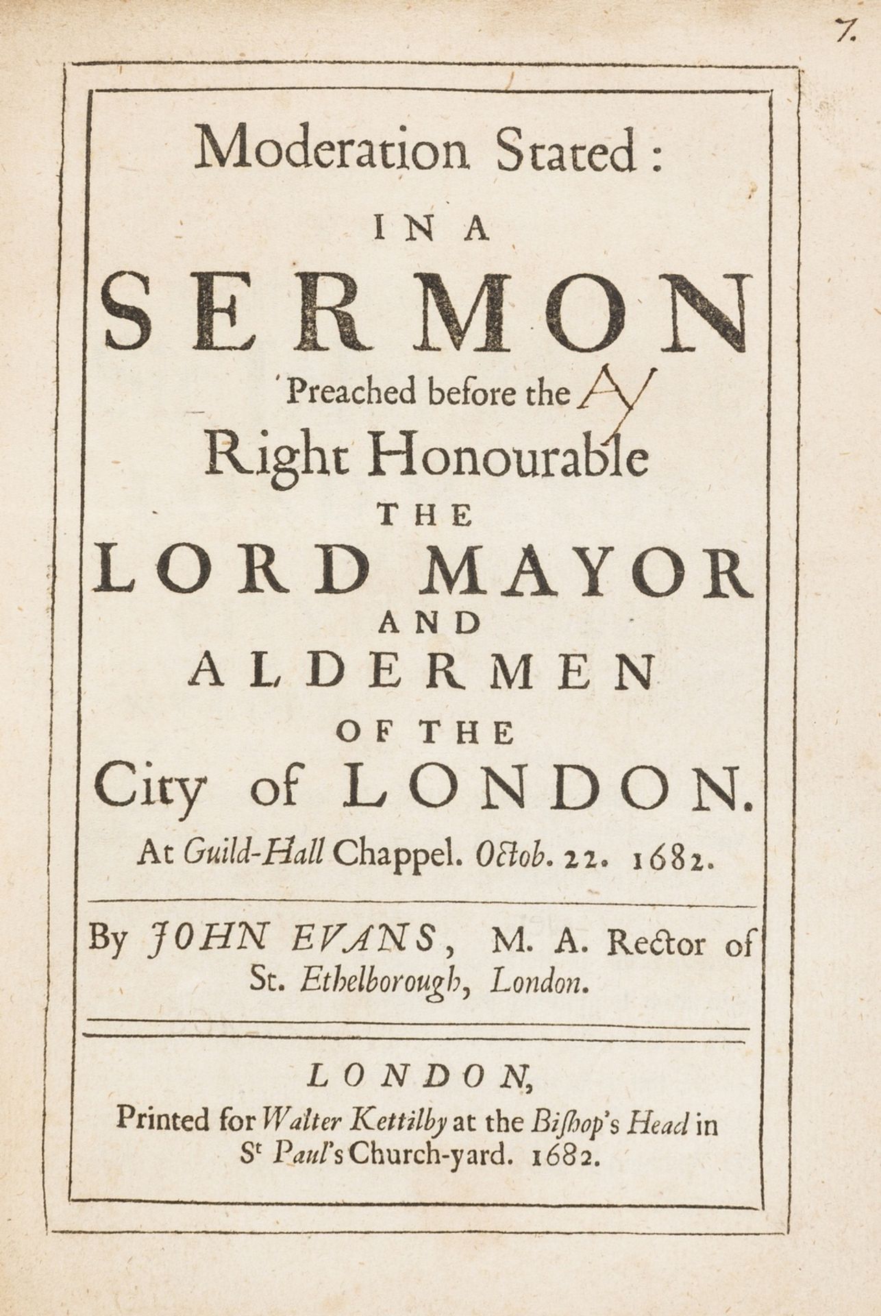 Evans (John) Moderation Stated: in a Sermon Preached before the... Lord Mayor and Aldermen of the …