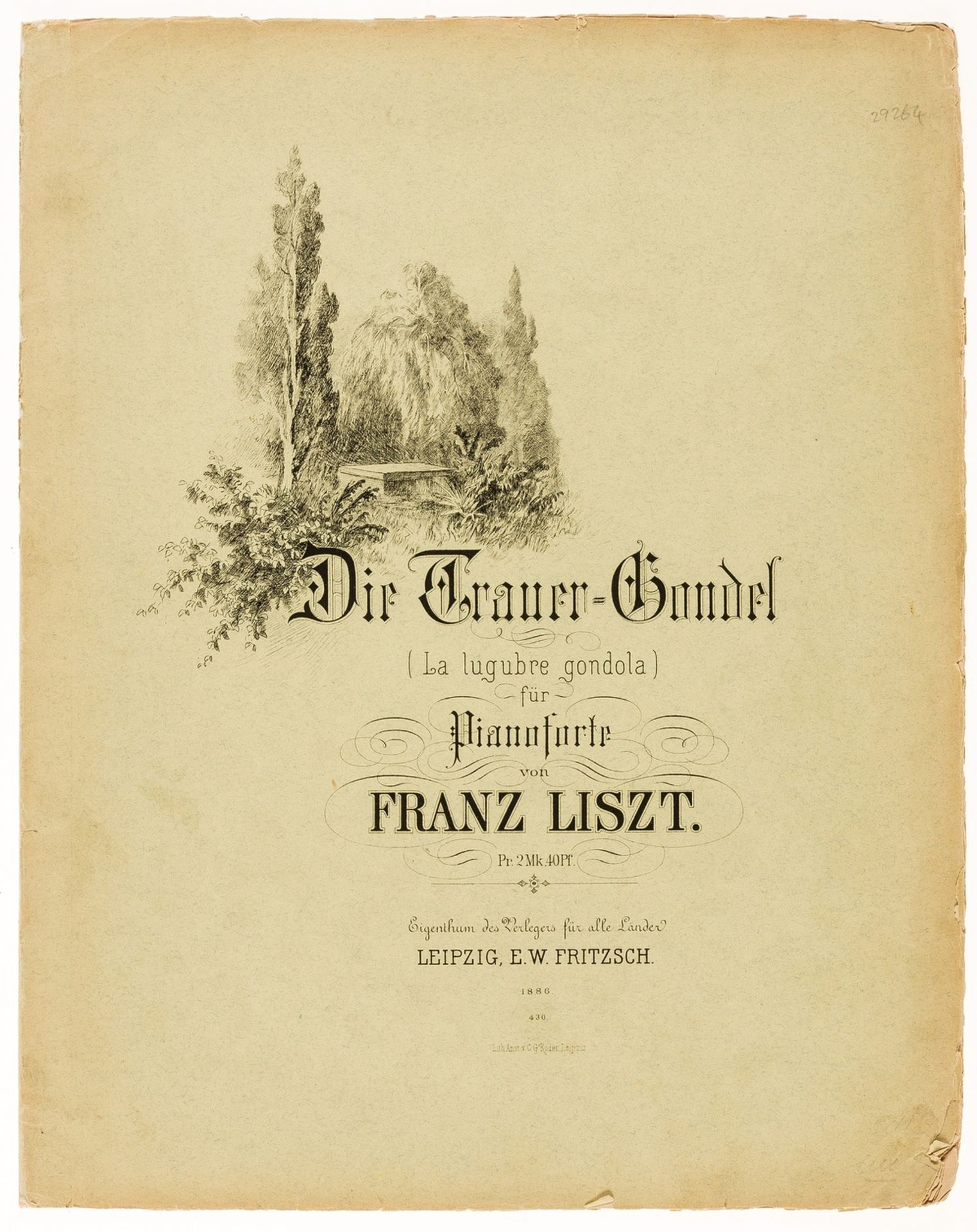 Music.- Liszt (Franz) Die Trauer-Gondel (la lugubre gondola) für Pianoforte, first edition, …