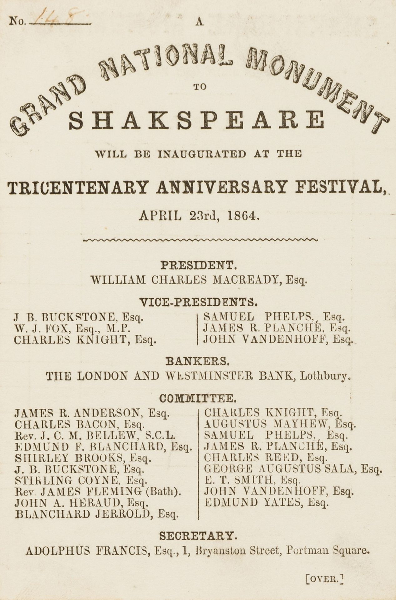 Shakespeare Tercentenary.- [Subscription card] A grand national monument to Shakspeare will be …