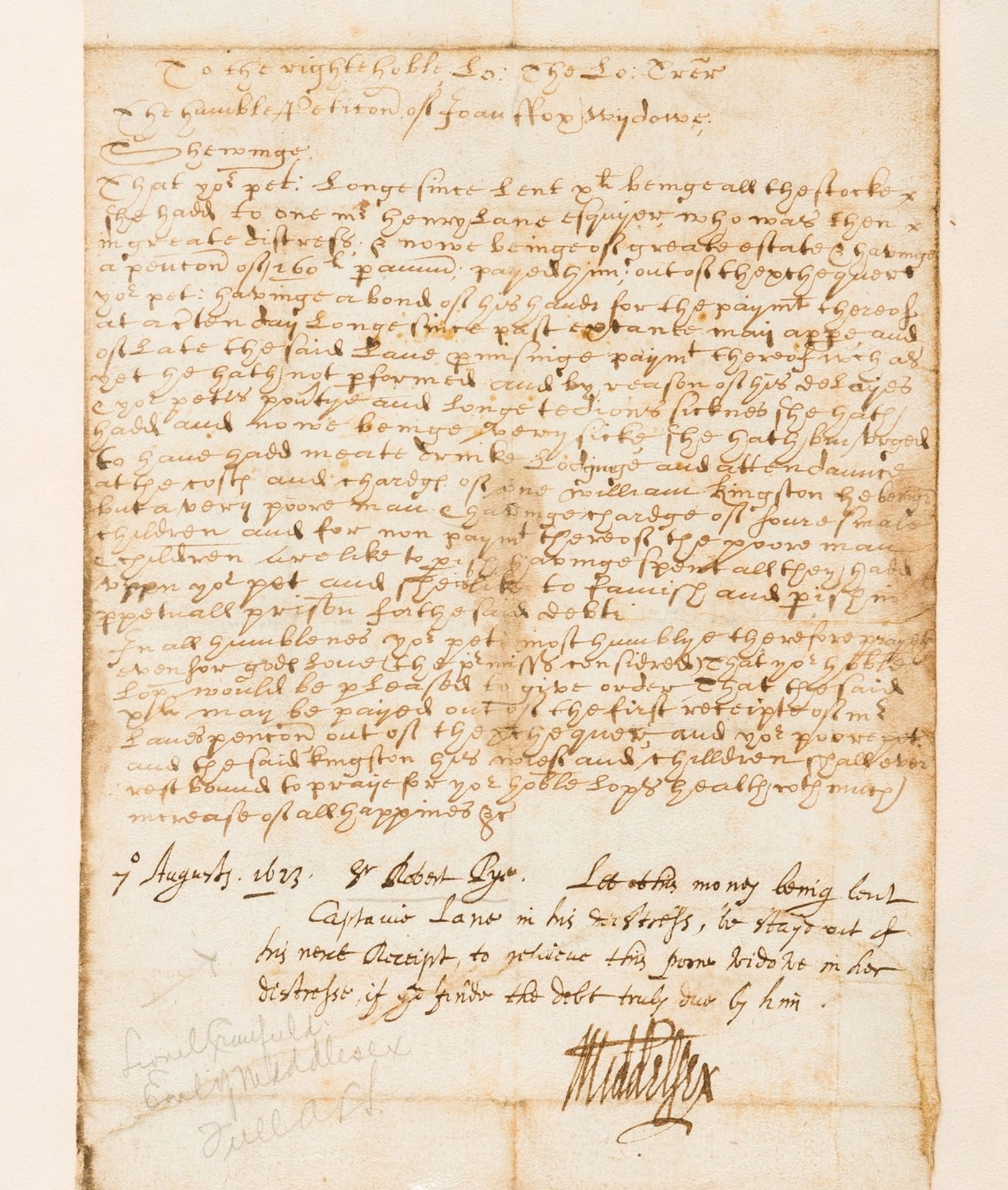 Jacobean Petition.- Middlesex (Lionel Cranfield, first Earl of Middlesex) & Sir Robert Pye.- …