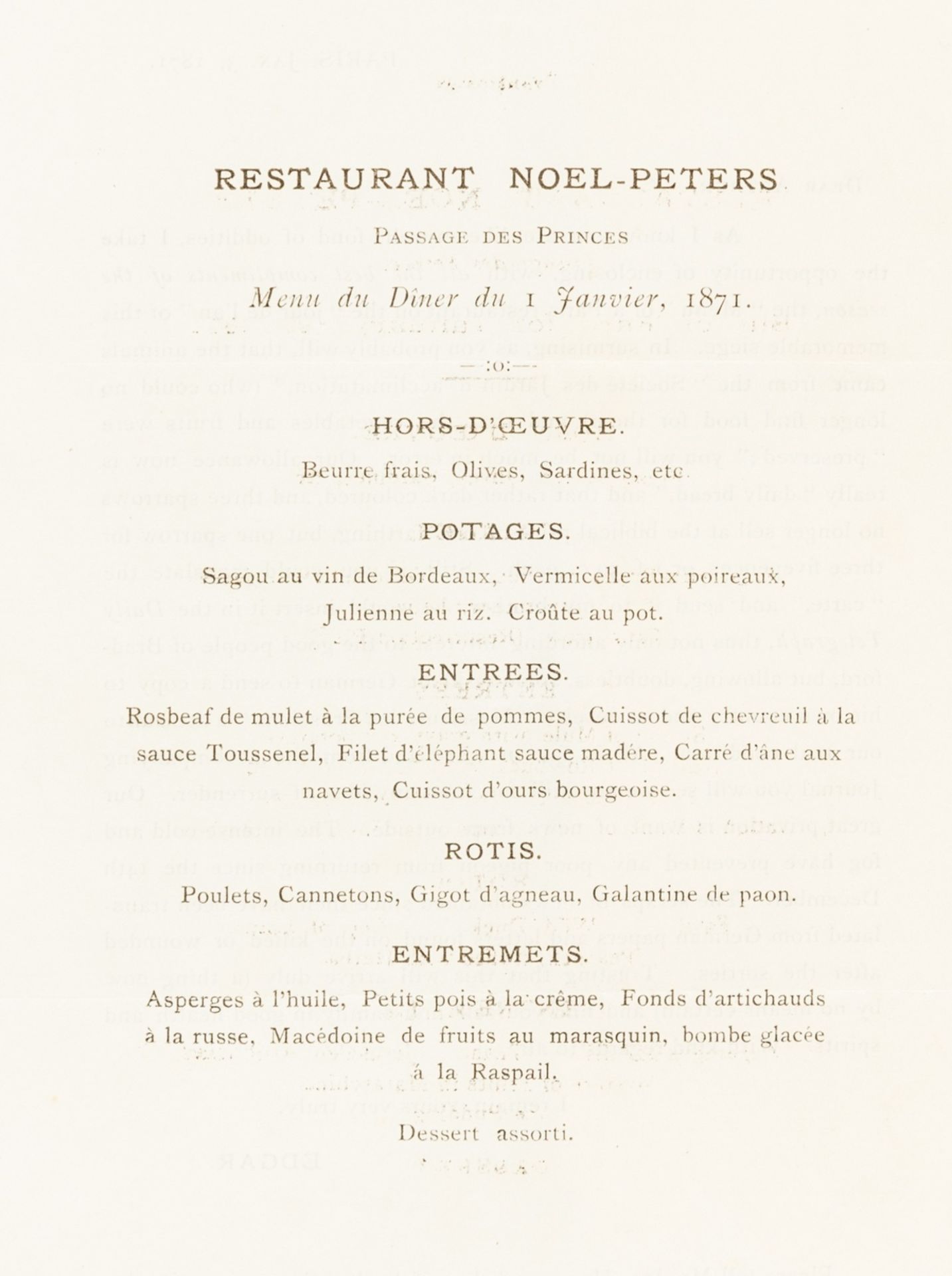 Siege of Paris (1870-1871).- Restaurant Noel-Peters. Menu du Diner du 1 Janvier 1871, Paris, [1871].