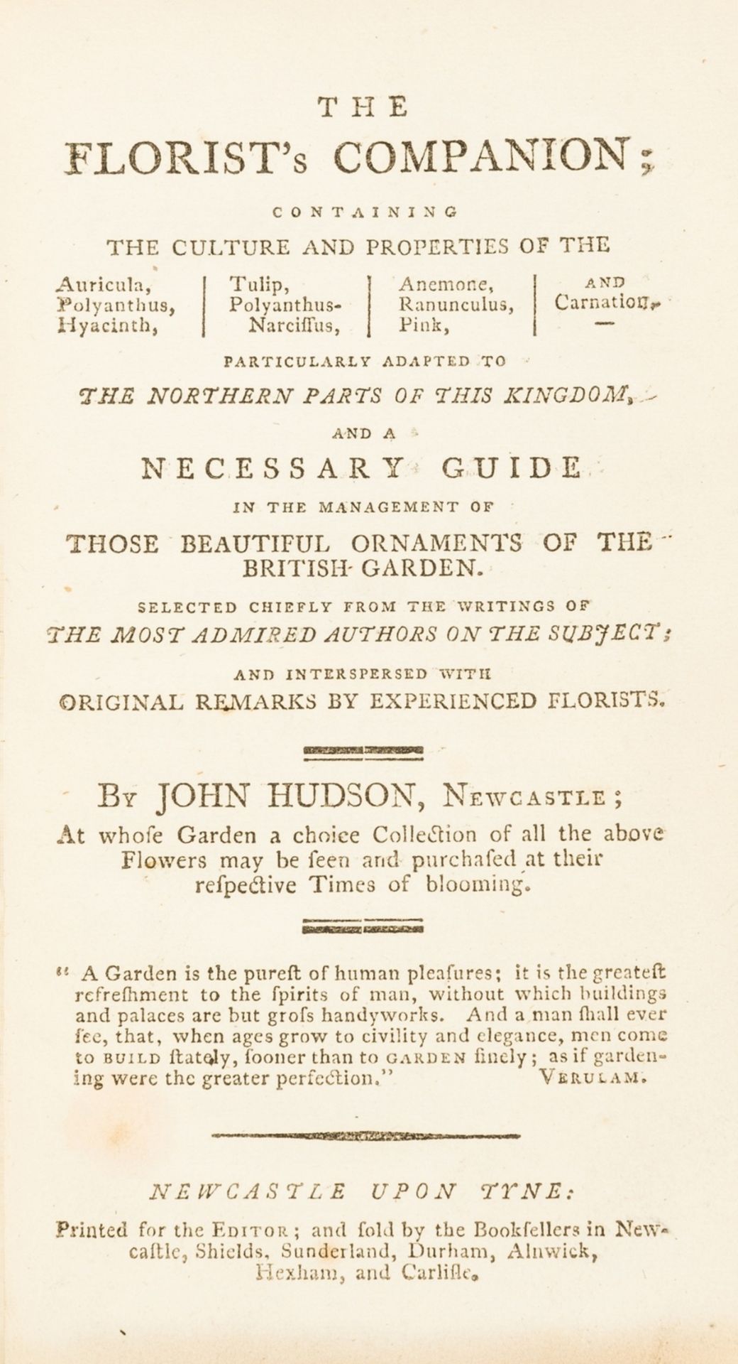 Hudson (John) The Florist's Companion, Newcastle upon Tyne, [1794].