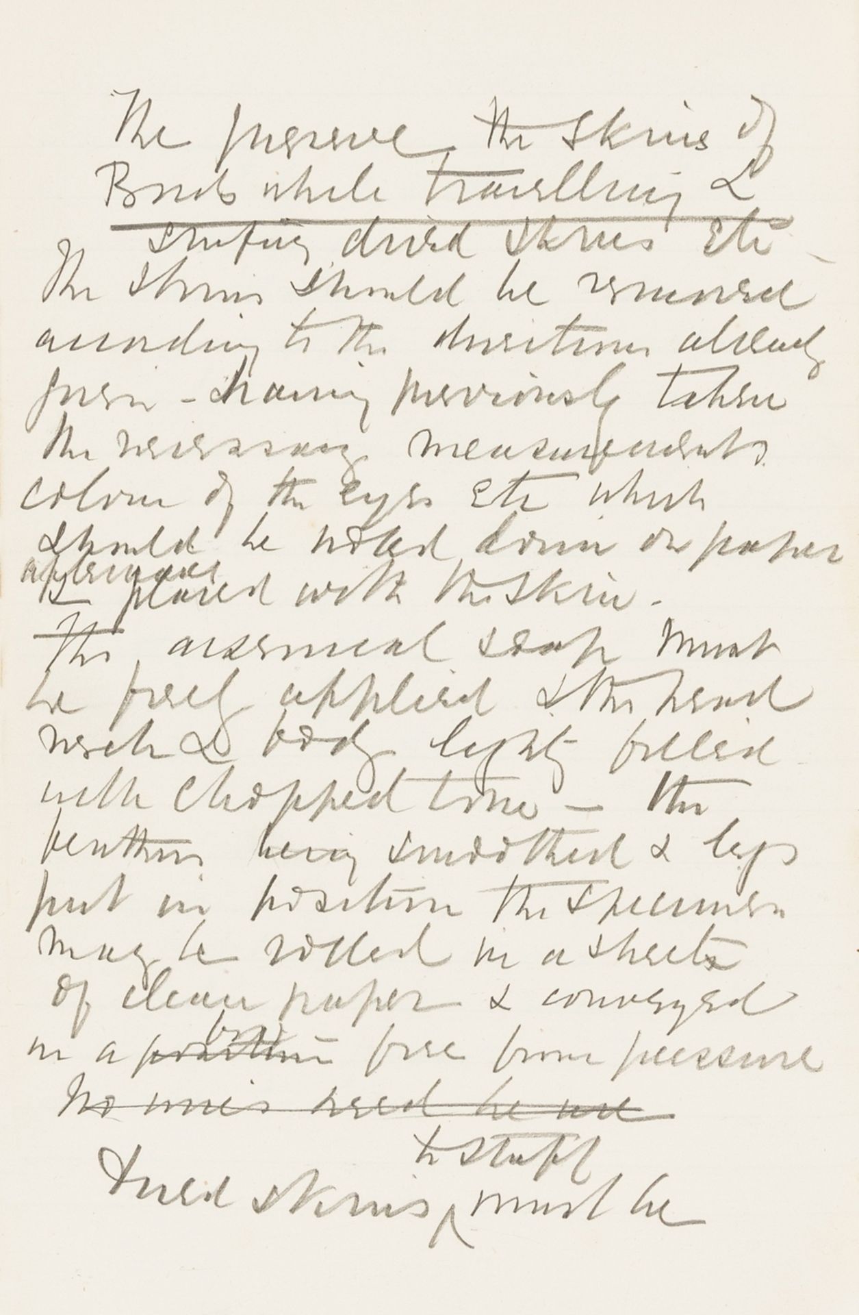 Taxidermy.- Notes for "the preservation of birds and mammals", manuscript, original limp cloth, …