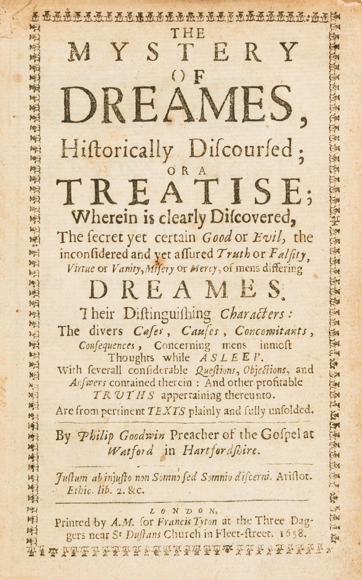 Goodwin (Philip) The Mystery of Dreames, first edition, A.M. for Francis Tyton, 1658.