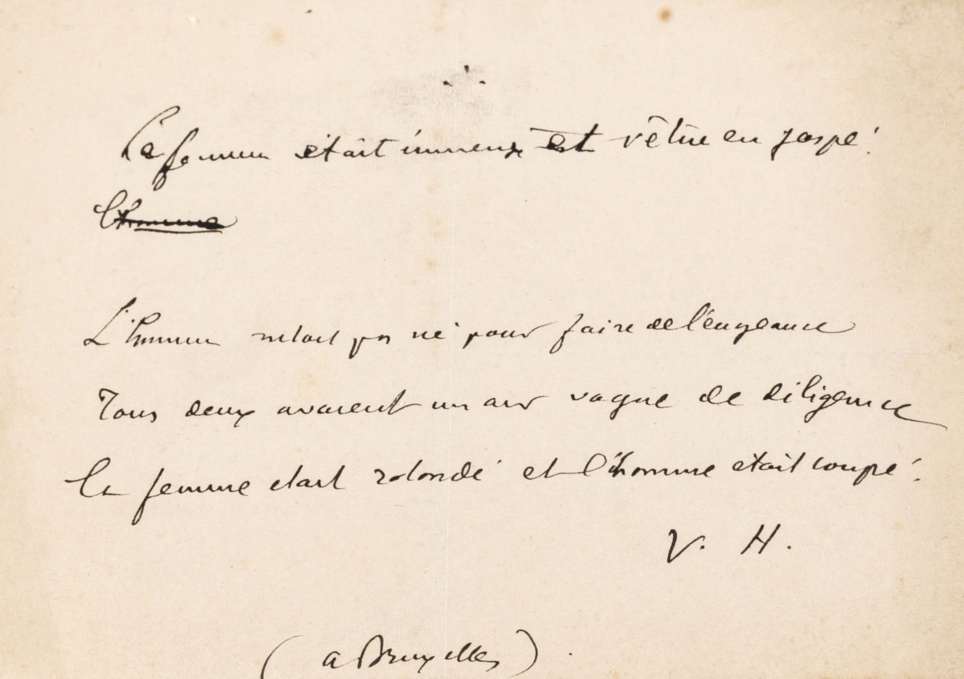 Hugo (Victor) Autograph Note initialled "V.H.", [c. 1851], in French, "the woman was immense and …