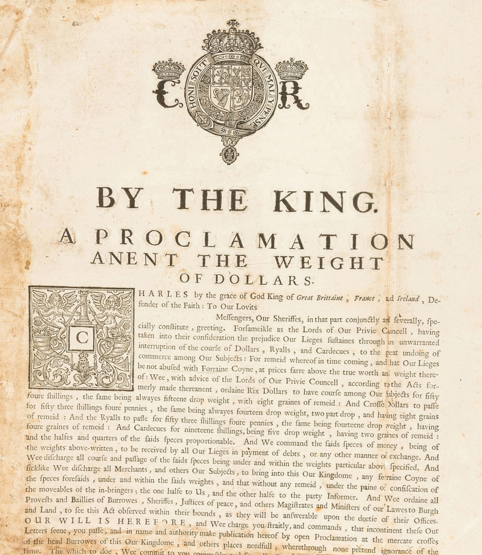 Scotland.- Charles I. A Proclamation Anent the Weight of Dollars, woodcut royal coat of arms at …