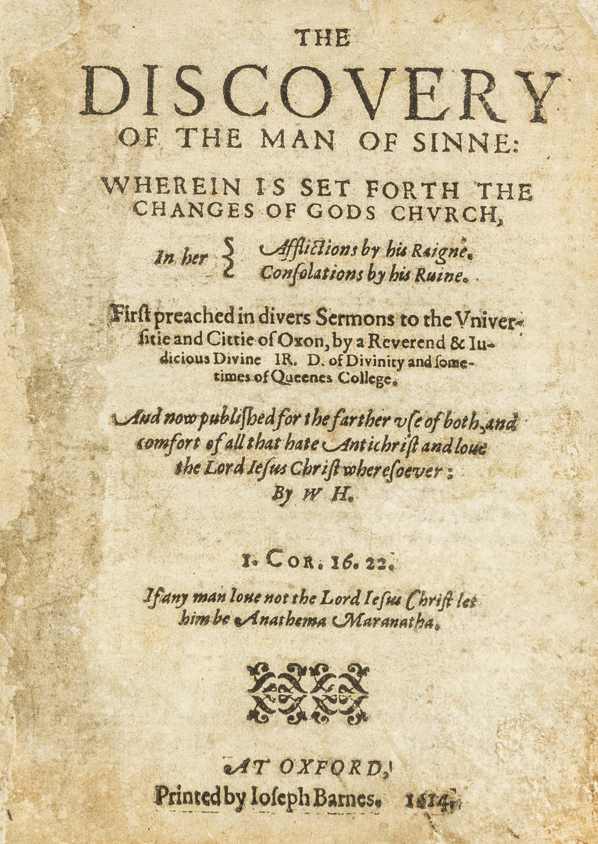 Rainolds (John) The Discovery of the Man of Sinne, first edition, Oxford, Printed by Joseph …