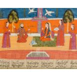 India.- Kashmiri School (late 19th century) Folio leaf with miniature showing figures dining in a …