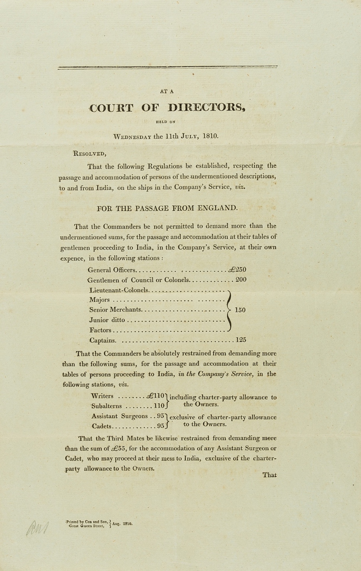 India.- Shipping.- Regulations of the Court of Directors respecting passage-money, Cox & Son, 1810.