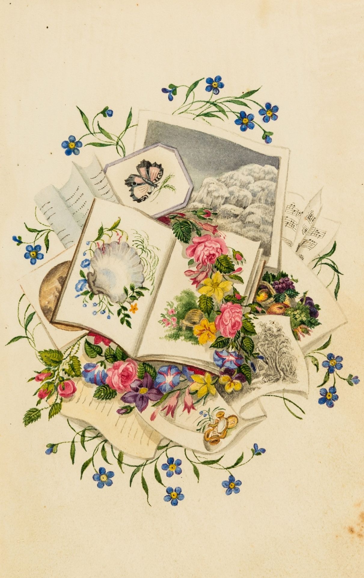 Friendship album.- E.W. (English, circa 1825) Album containing 12 fine drawings and watercolours, …