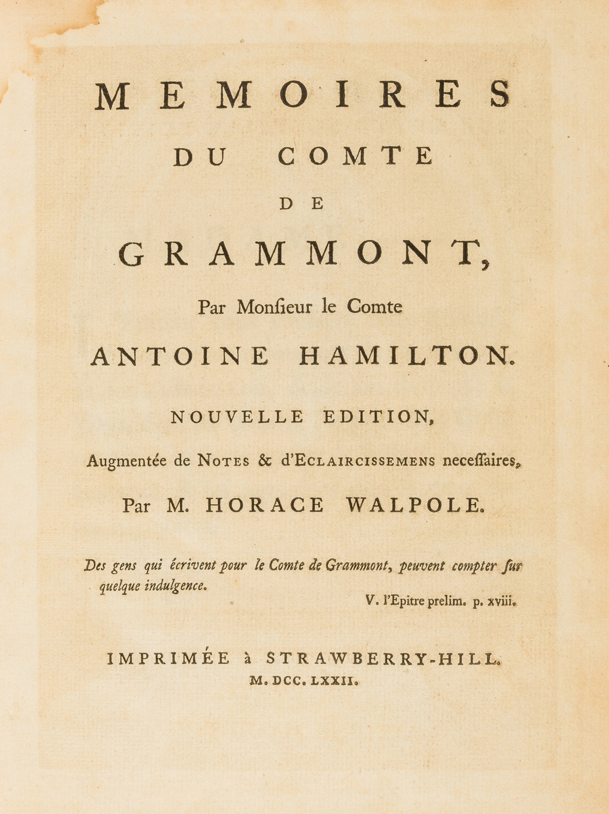 Walpole (Horace, 4th Earl of Orford).- Hamilton (Anthony) Memoires du Comte de Grammont, [one of …