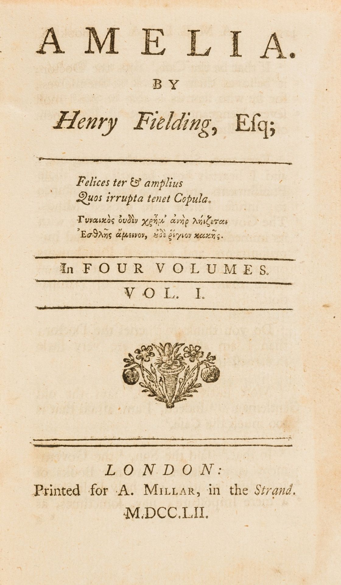 Fielding (Henry) Amelia, 4 vol., first edition, for A. Millar, 1752.
