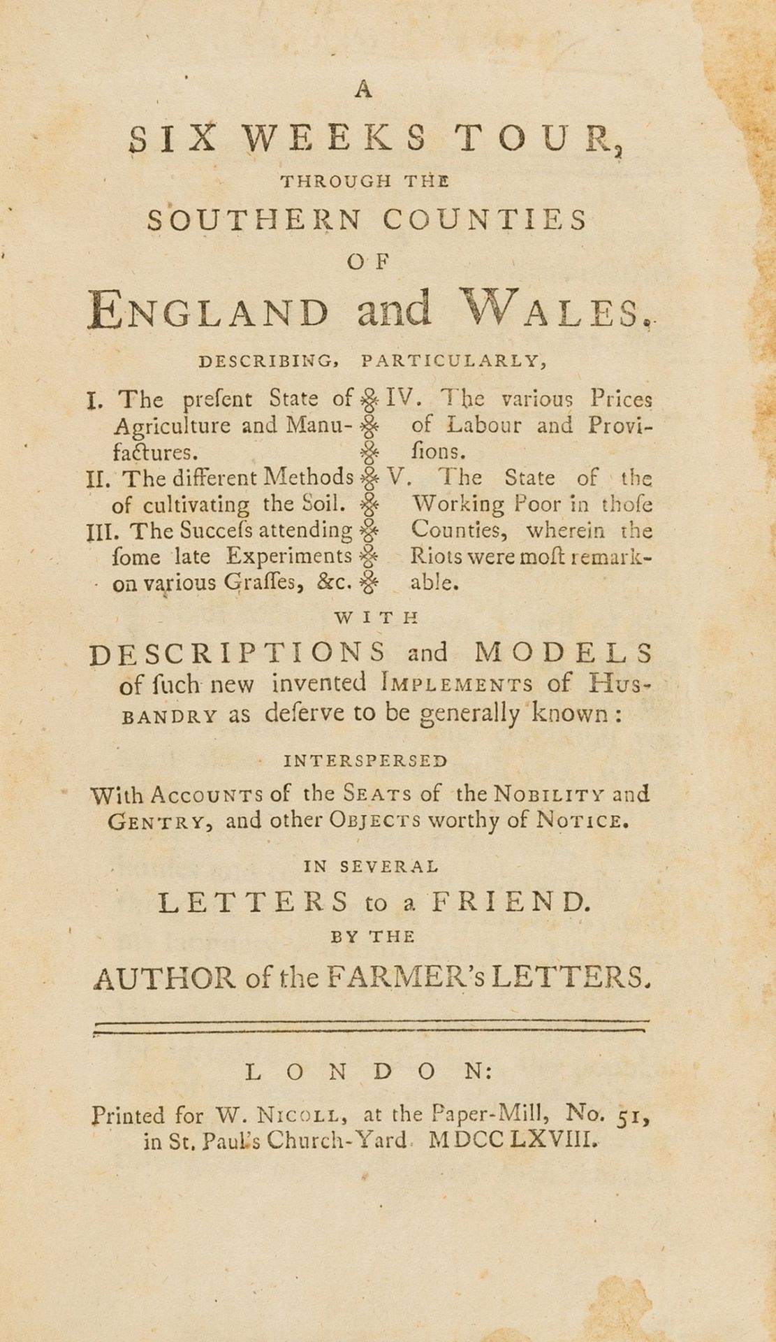 Agriculture.- [Young (Arthur)] A Six Weeks Tour, through the Southern Counties of England and …