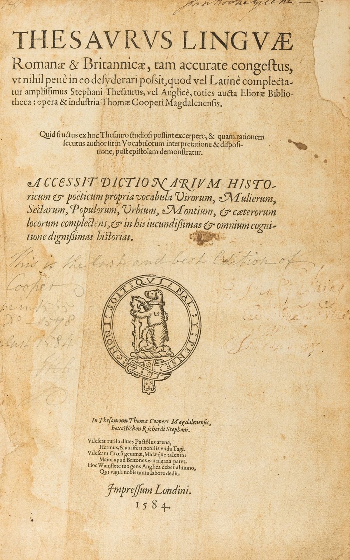 Cooper (Thomas) Thesaurus linguae Romanae & Britannicae, printed in the shop of Henry Bynneman [by …