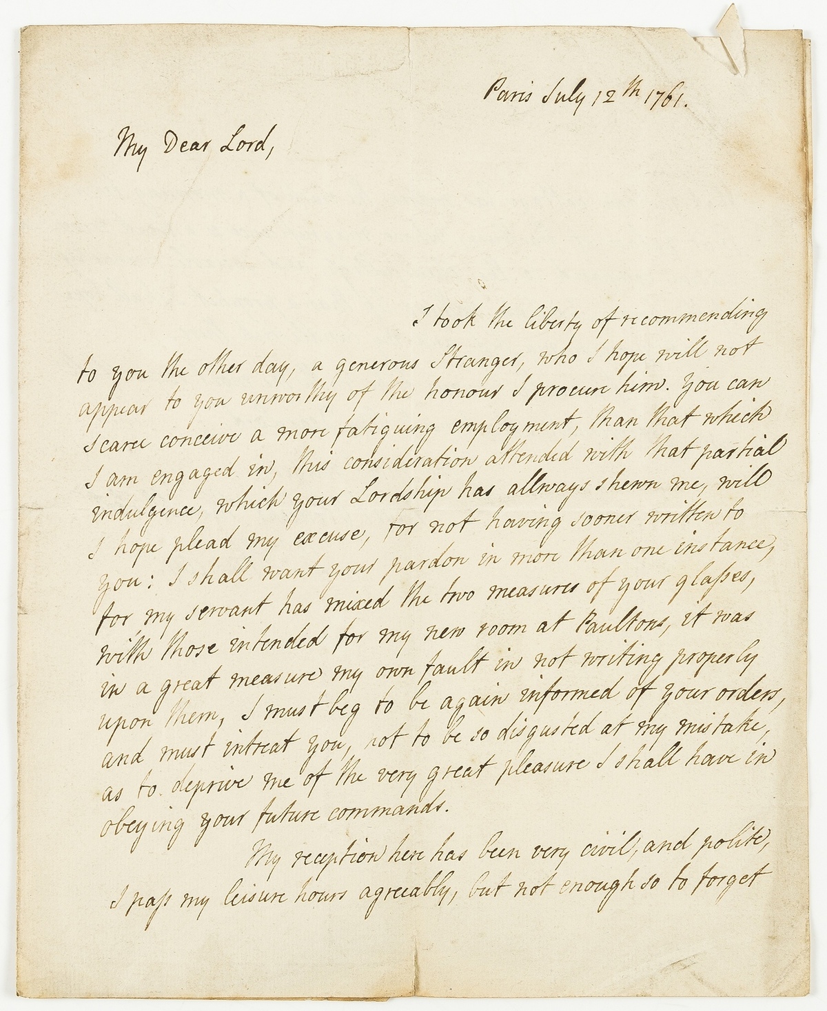 Seven Years War.- Stanley (Hans) Autograph Letter signed to "My Dear Lord", 1761, in his capacity …