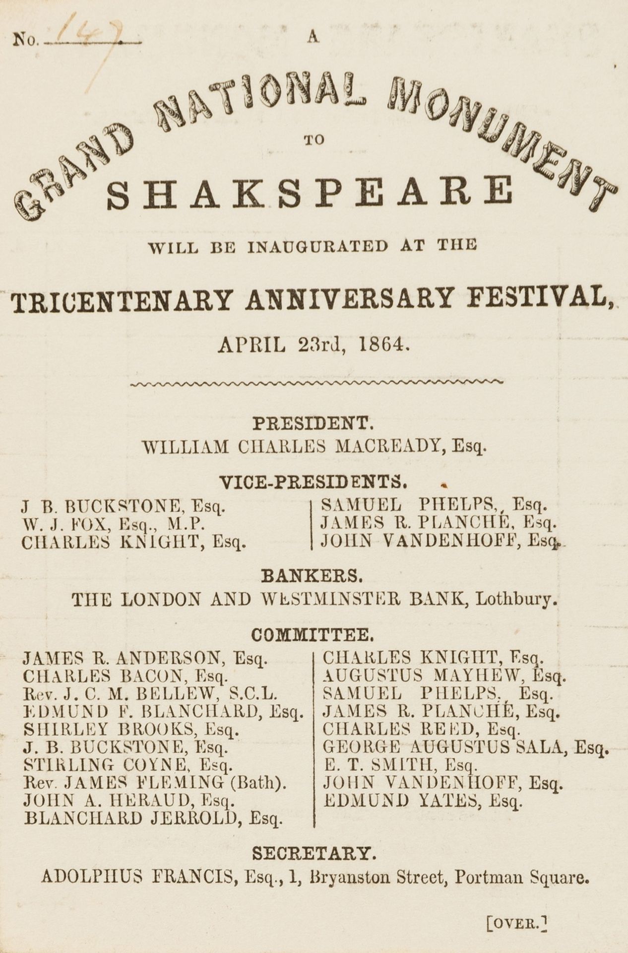 Shakespeare Tricentenary.- [Subscription card] A grand national monument to Shakspeare will be …