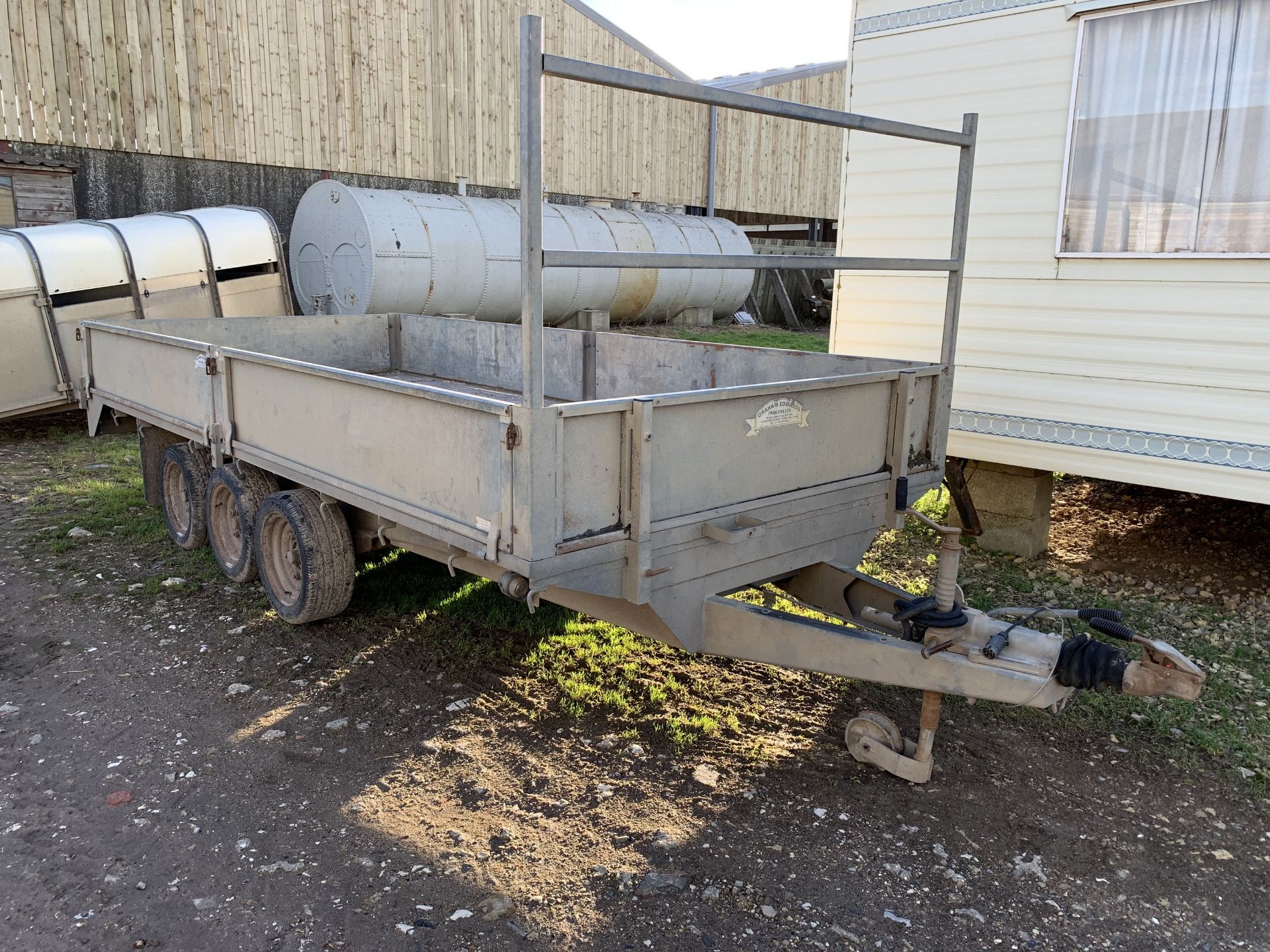 Graham Edwards 14' triaxle flatbed trailer with dropsides, vehicle ramps & LED mag lights NO VAT