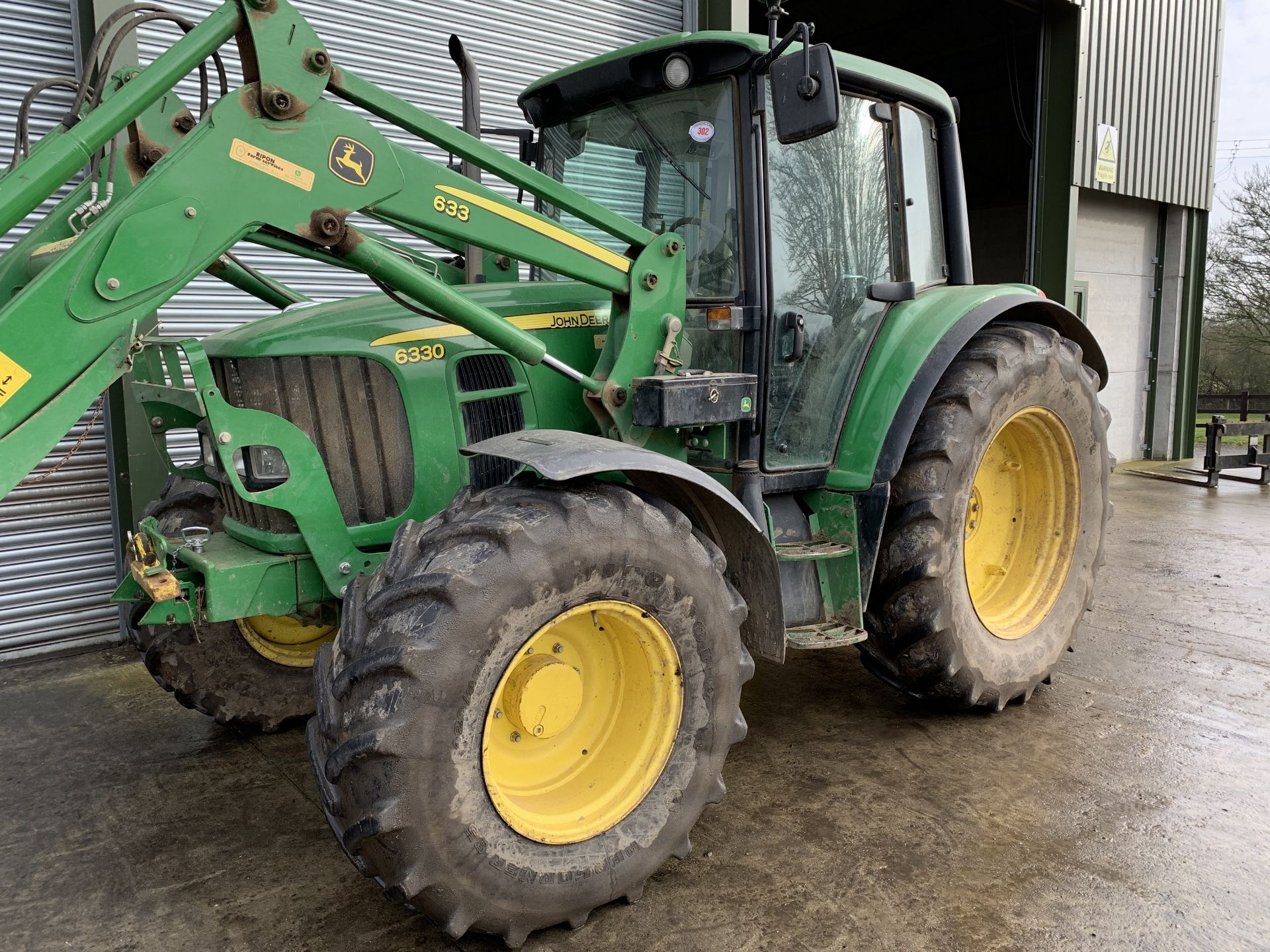 2012 John Deere 6330 tractor with John Deere 633 front loader, pallet tines & bag jib, YJ61 AXC,