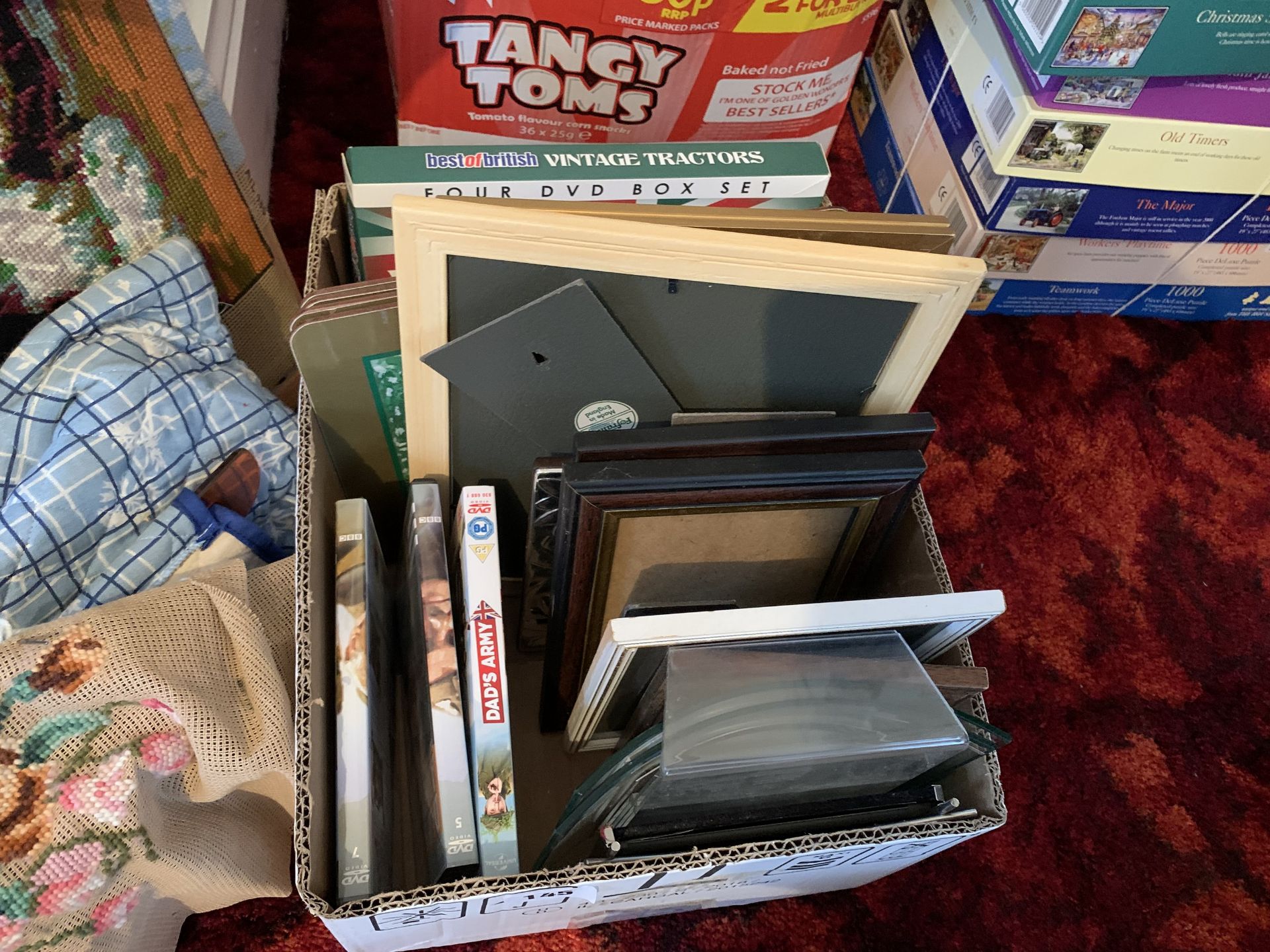 Box of picture frames & DVDs